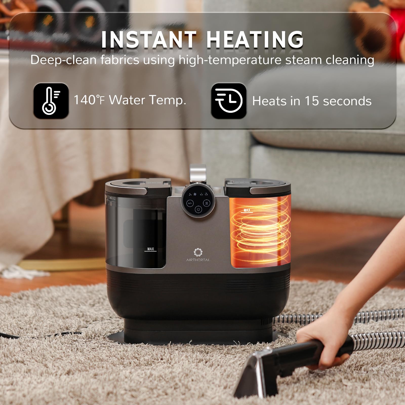 Airthereal S1 Portable Carpet Cleaner Machine - 14Kpa Deep Cleaning with Instant Heating, Self-Cleaning Function for Pet Hair, Stains & Odors | Perfect for Upholstery, Stairs, Car Seats & Couches | Home & Auto Cleaning Solution