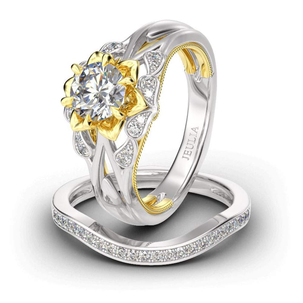 Jeulia 2 Carat Flower Engagement Ring Set for Women - 14K Gold Plated Wedding Band with Round Cut Cubic Zirconia | CZ Solitaire Ring | Perfect for Proposals, Anniversaries & Special Occasions