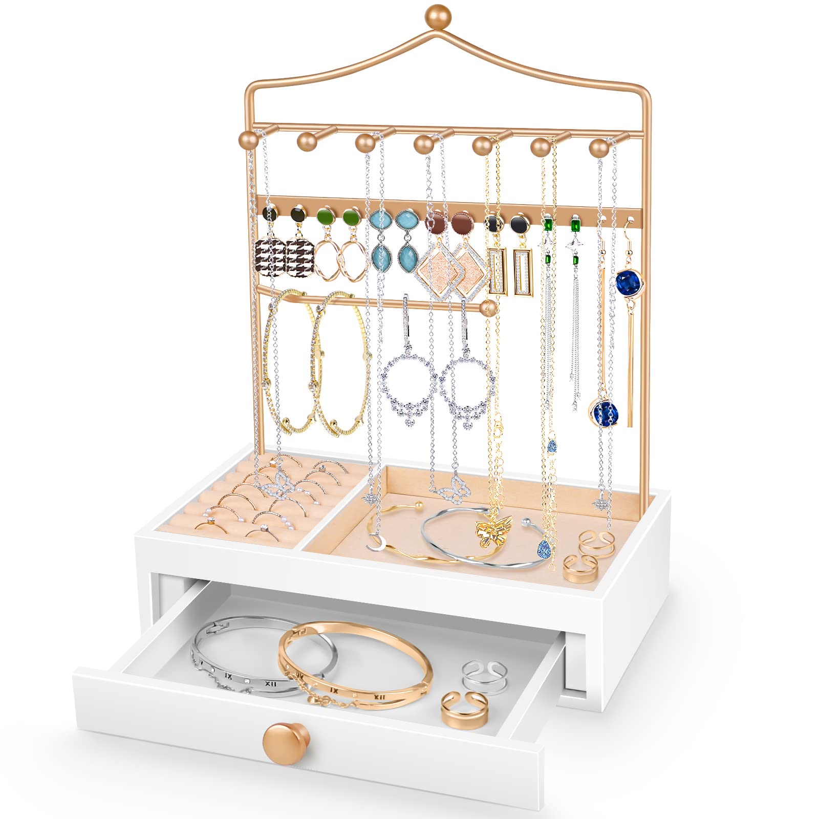 Teamkio Jewelry Organizer Stand with Large Storage Drawer - Necklace, Ring, Bracelet & Watch Holder for Women | Perfect for Bedroom, Dresser & Travel Organization