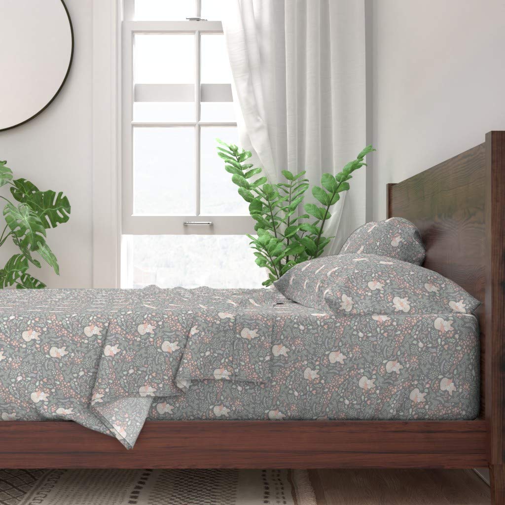 Fox Gray Small Animal Pastel Print 100% Cotton Twin 3-Piece Sheet Set - Modern Woodland Bedding for Kids & Nursery | Soft Beige Mint Cream Peach Custom Design