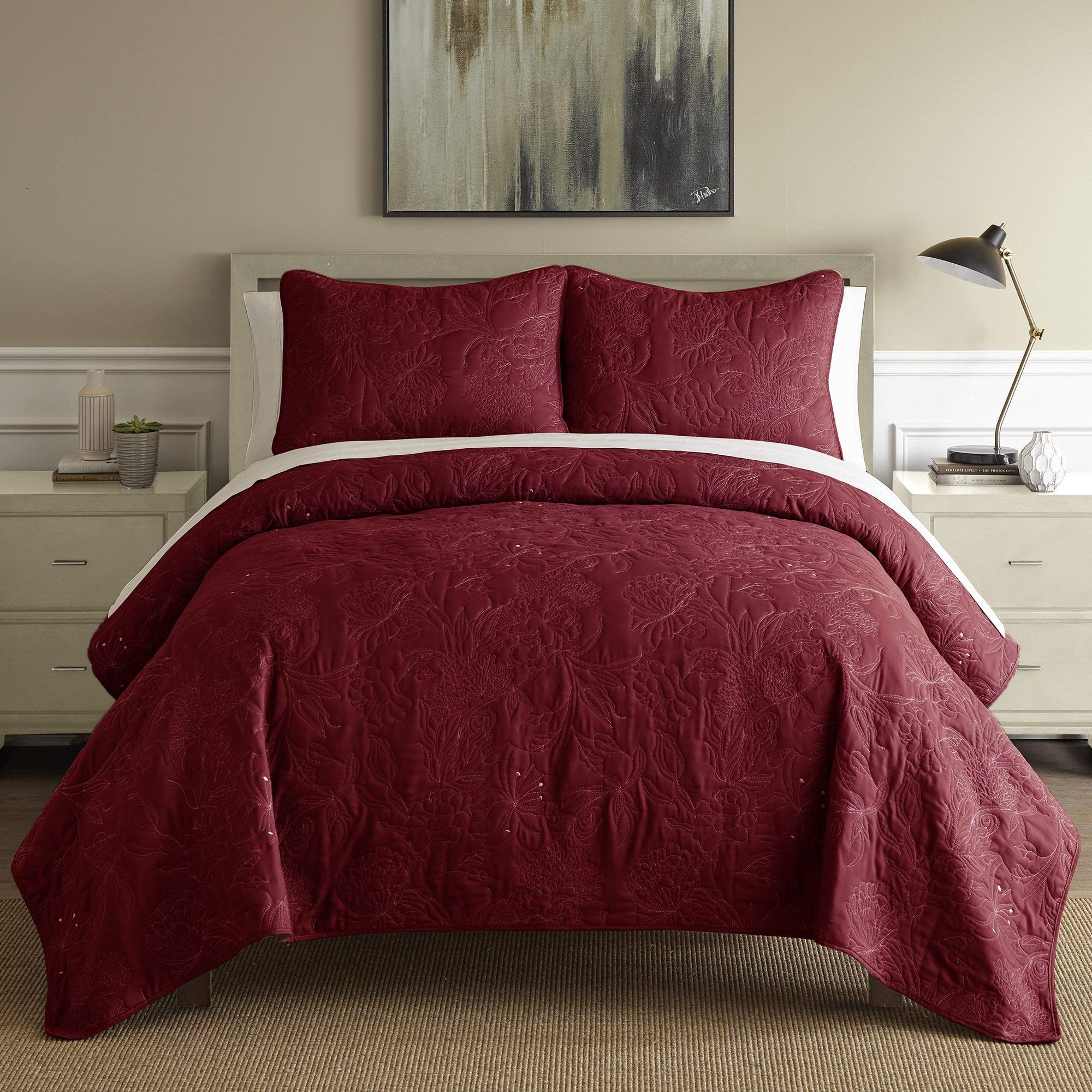 Amrapur Overseas | 3-Piece Embroidered Floral Quilt Set with Shams - Burgundy Queen Size Bedding for Cozy Bedroom Decor & Guest Room Luxury