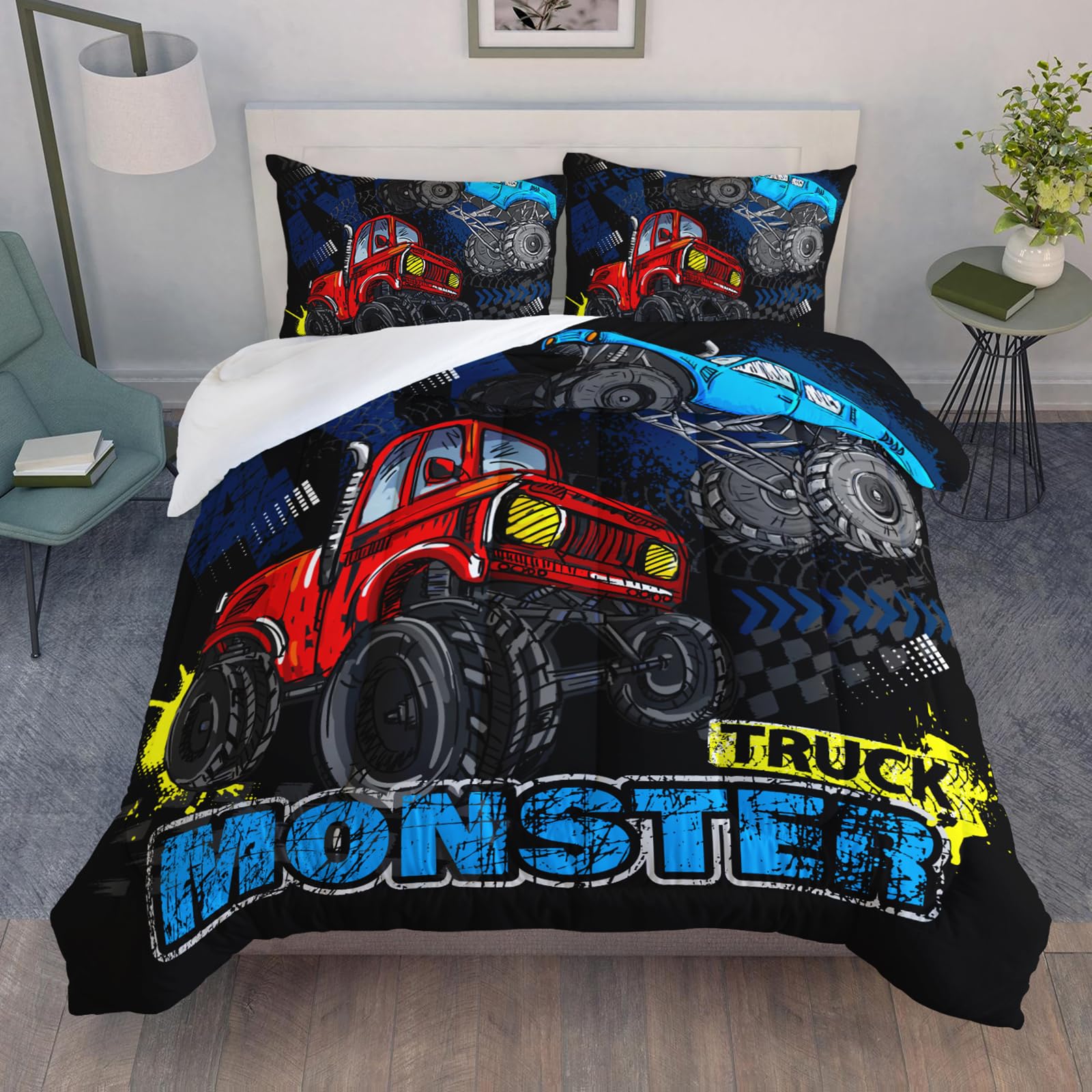 QOOMO Truck Comforter Set for Kids & Teens - Cars Themed Twin Size Bedding, 3 Piece Microfiber Comforter with 2 Pillowcases - Soft, Lightweight & Breathable - Perfect for Boys' Bedroom, Dorm Room or Sleepovers (Black)