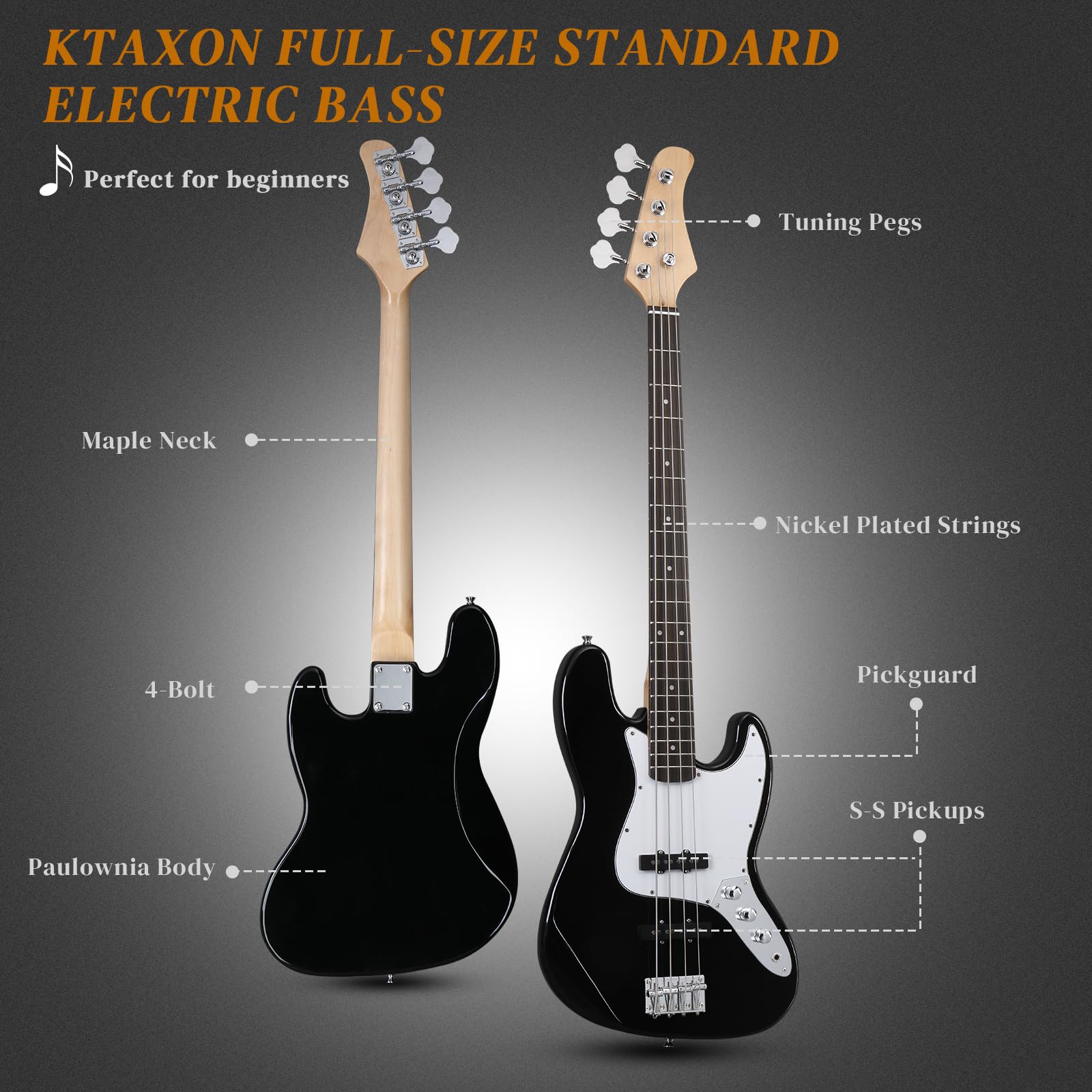 Ktaxon 4-String Electric Bass Guitar Kit with 20W Amplifier - Right-Handed Bass for Beginners & Professionals (Black) - Includes Gig Bag, Shoulder Strap, Picks & Tools - Perfect for Home Practice, Studio Recording & Live Performances