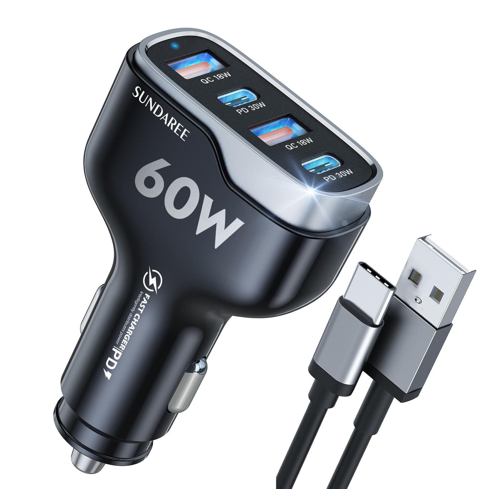 SUNDAREE 4-Port USB C Fast Car Charger with AC Outlet - 18W QC & 30W PD Car Phone Charger Adapter - Includes 3.3FT USB-A to USB-C Cable - Compatible with iPhone 16/15/14 Pro/Max, Samsung Galaxy S24 & More - Perfect for Road Trips & Multi-Device Charging On-The-Go