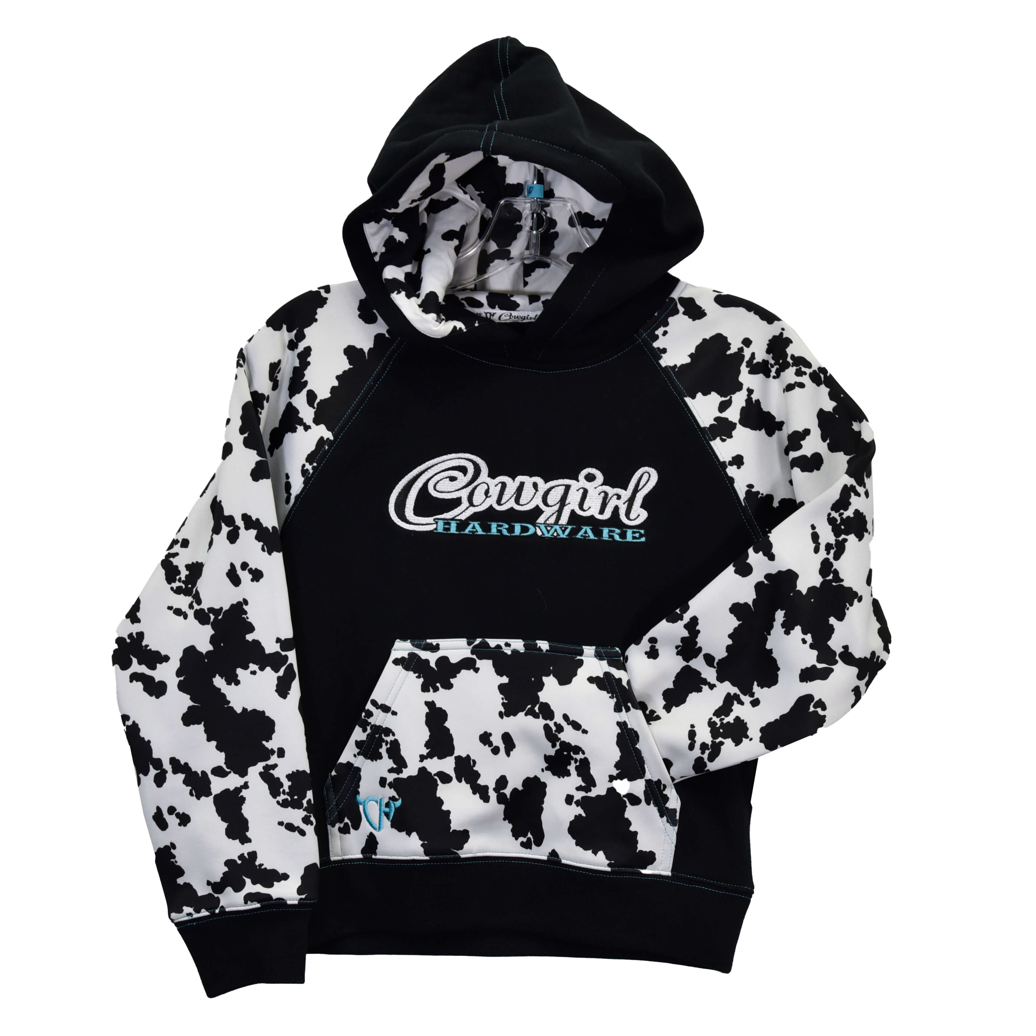 Youth Girls' Black & White Cow Print Raglan Fleece Hoodie - Cozy Pullover for School, Playdates & Outdoor Activities
