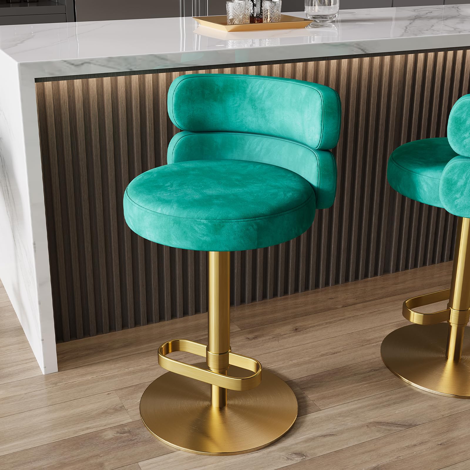 Modern Adjustable Height Swivel Bar Stools with Back - Gold Legs Counter Height Barstools for Kitchen Island, Living Room, Coffee Shop - Set of 1 (Green) - Perfect for Entertaining, Dining & Home Decor