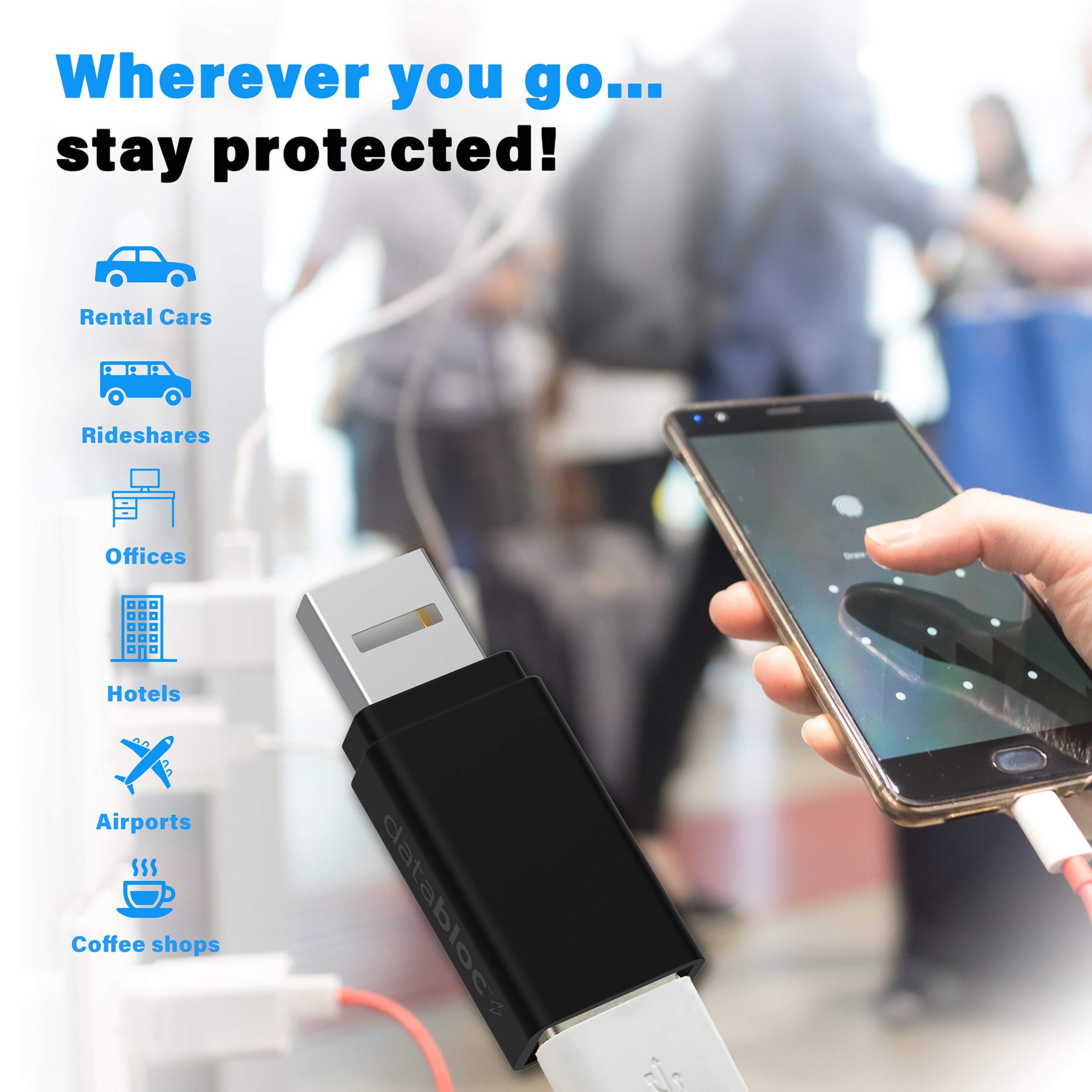 Databloc USB Data Blocker - 2 Pack Charge Only Adapter for Smartphones & Tablets | Blocks Data Transfer & Stops Syncing | Quick Charge Compatible | Perfect for Public Charging Stations, Travel & Privacy Protection (Black)
