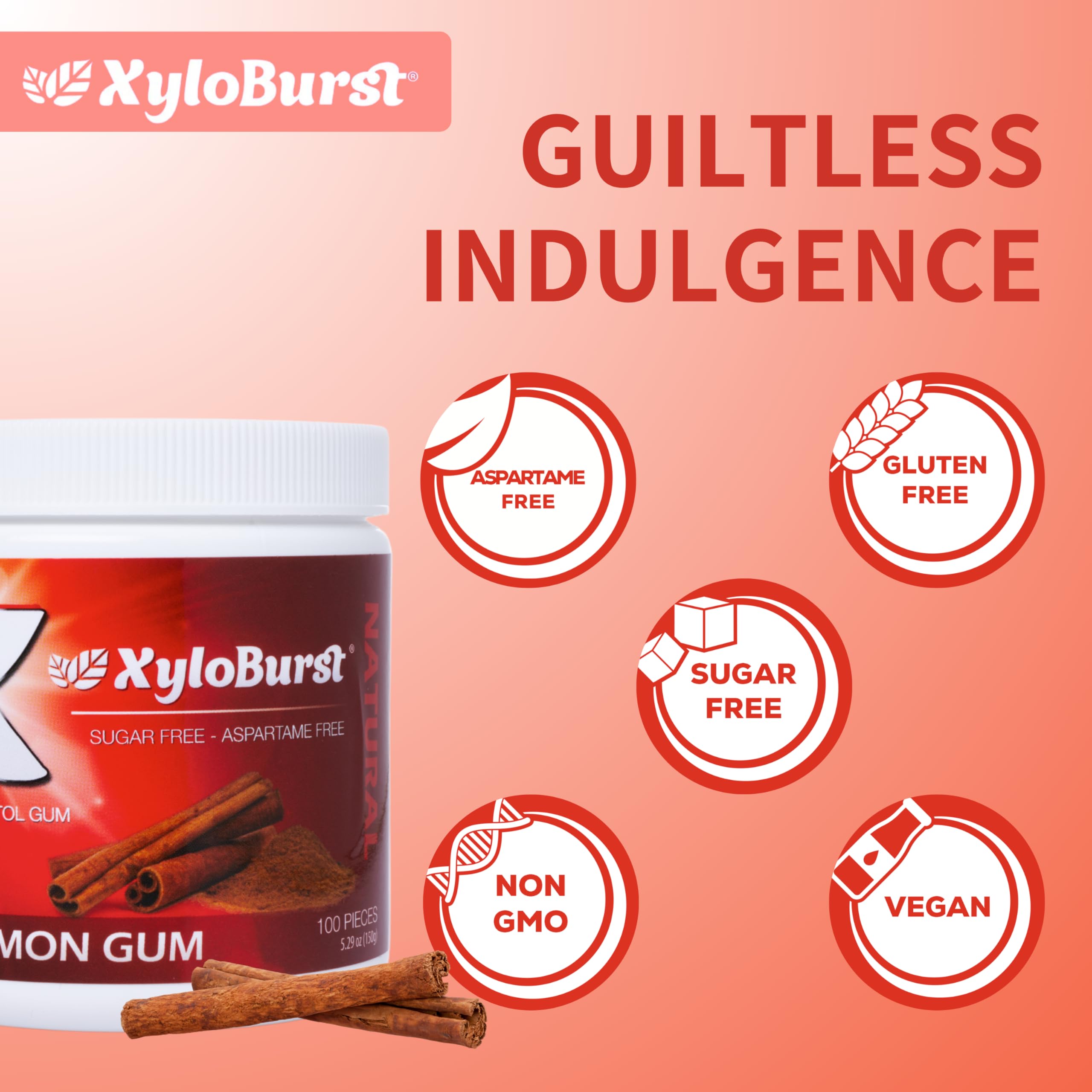 XyloBurst Xylitol Chewing Gum - Sugar Free, Gluten Free, Keto Friendly, Aspartame Free - Supports Oral Health - Cinnamon Flavor - 100 Count Jar - Perfect for Fresh Breath at Work, Gym, or After Meals