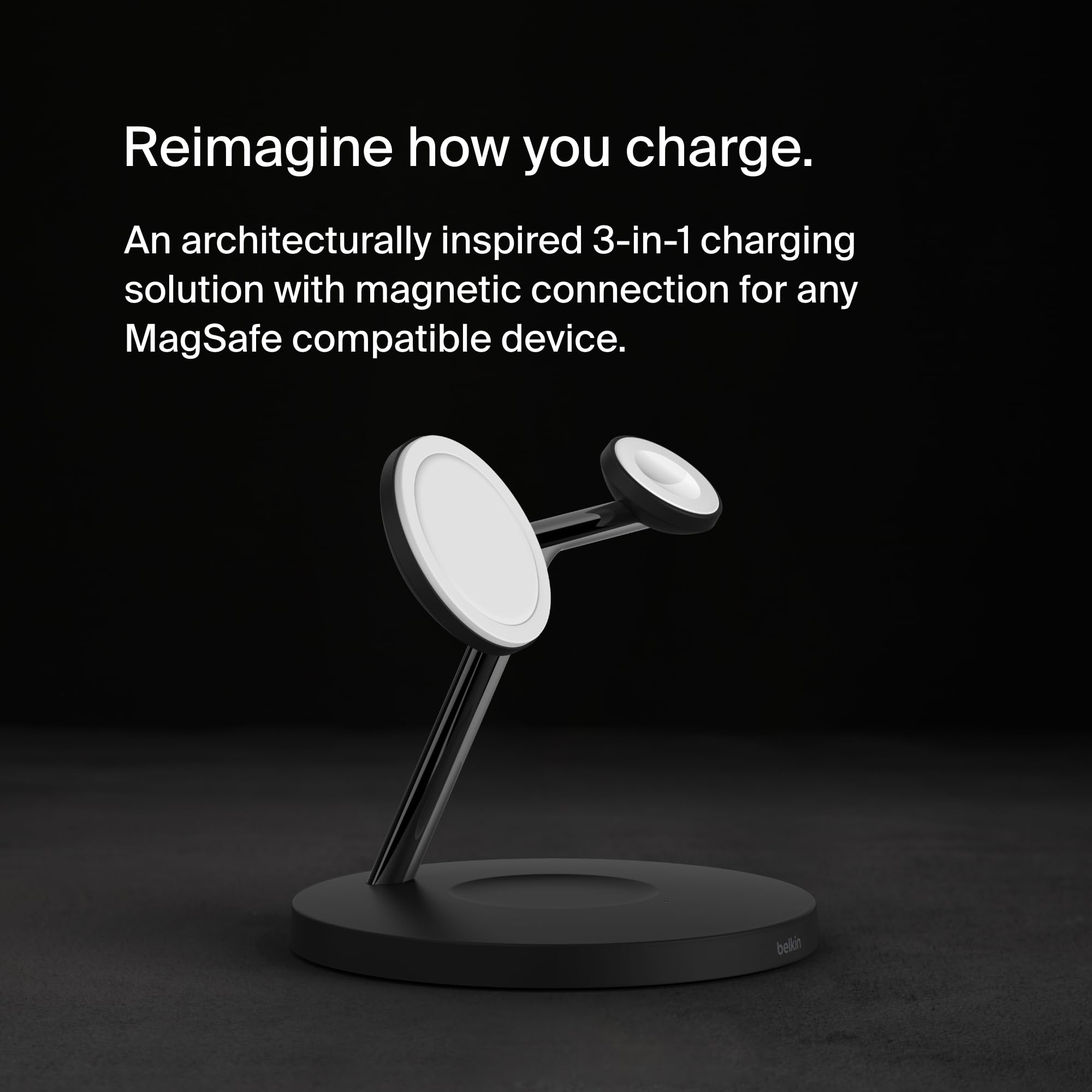 Belkin MagSafe 3-in-1 Wireless Charging Station - 15W Fast Charger for iPhone 16/15/14/13/12 Series, Apple Watch 10/9/8/SE/Ultra & AirPods - Black | Perfect for Bedside, Office Desk & Travel Charging