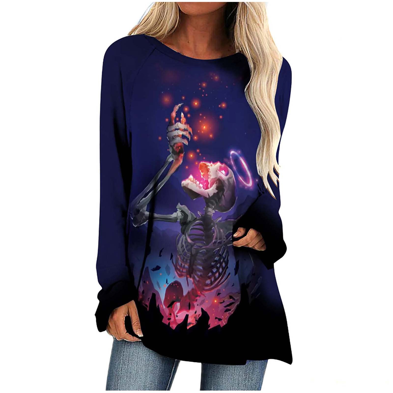 Women's Halloween Skeleton Print Sweatshirt - Cute Long Sleeve Tunic Top for Fall, Fitted Blouse for Parties & Trick or Treating
