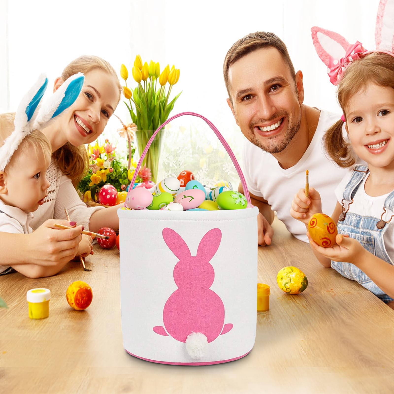 Easter Bunny Baskets for Kids - 3 Pack Canvas Easter Egg Hunt Bags, Rabbit Themed Gift Toys & Tote Buckets (Purple, Pink, Blue) - Perfect for Easter Egg Hunts, Party Favors & Spring Celebrations