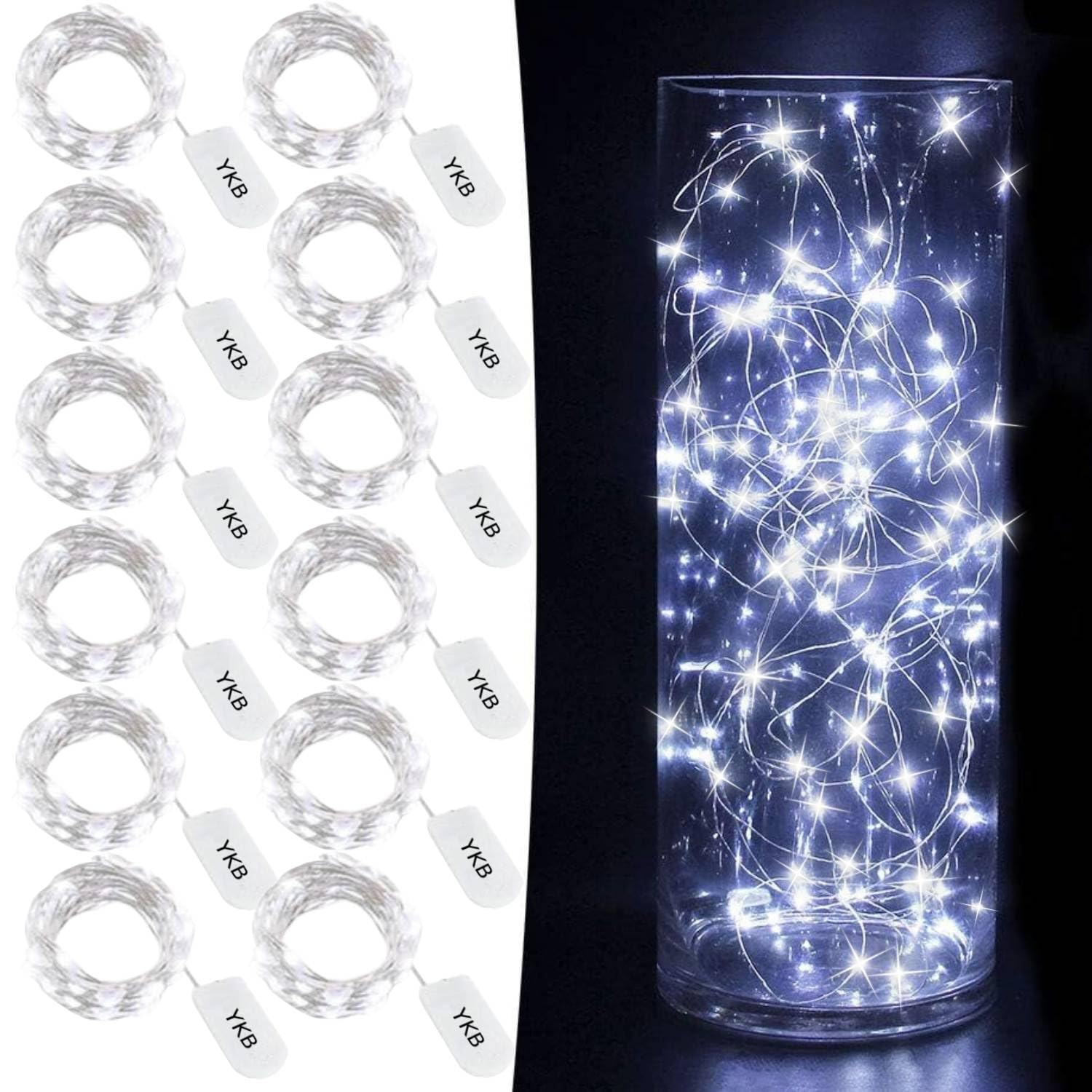 YKB 12 Pack White Fairy LED String Lights - 20 Micro LEDs on 3.3ft Silver Copper Wire, Battery Powered by 2xCR2032 - Perfect for Christmas Decor, Holiday Wedding, Party, Bedroom, Garden & Outdoor Lighting