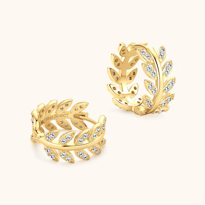Vitality Leaf Premium Moissanite Hoop Earrings for Women - 14K Gold Plated Hypoallergenic Dainty Stud Earrings - Perfect for Weddings, Parties & Everyday Wear