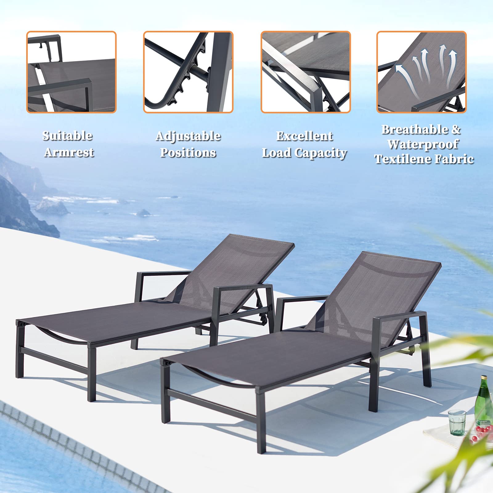 2-Piece Outdoor Patio Lounge Chair Set - Adjustable Aluminum Chaise Lounge with 5 Backrest Positions - Perfect for Backyard, Balcony & Poolside Relaxation (Grey) - Ideal for Sunbathing, Lounging by the Pool, or Outdoor Entertaining