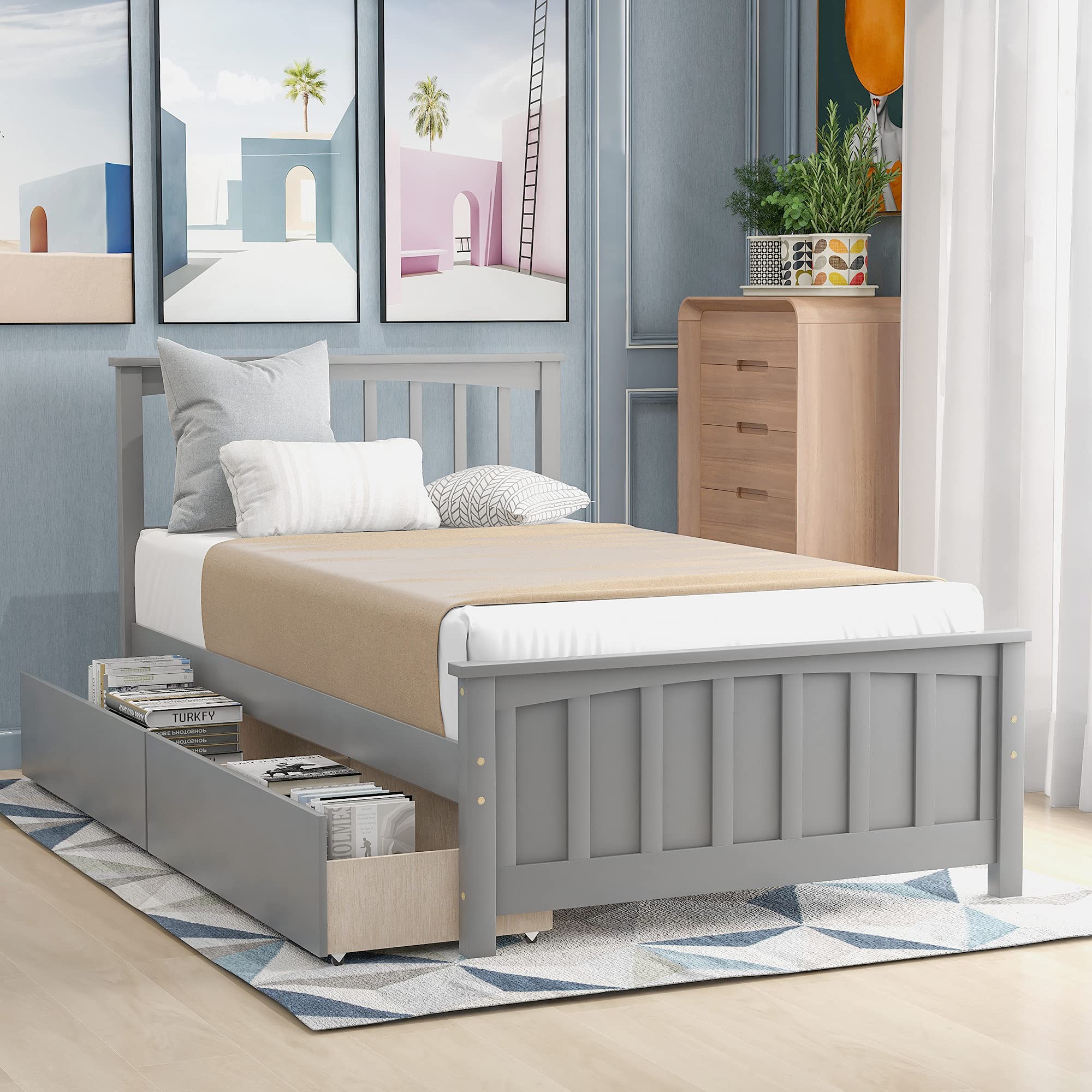 JSKJ Twin Size Wooden Bed Frame with Headboard, Footboard & Storage Drawers - Sturdy Platform Bed for Kids, Teens, Adults - Perfect for Small Bedrooms, Guest Rooms & Dormitories (Grey)