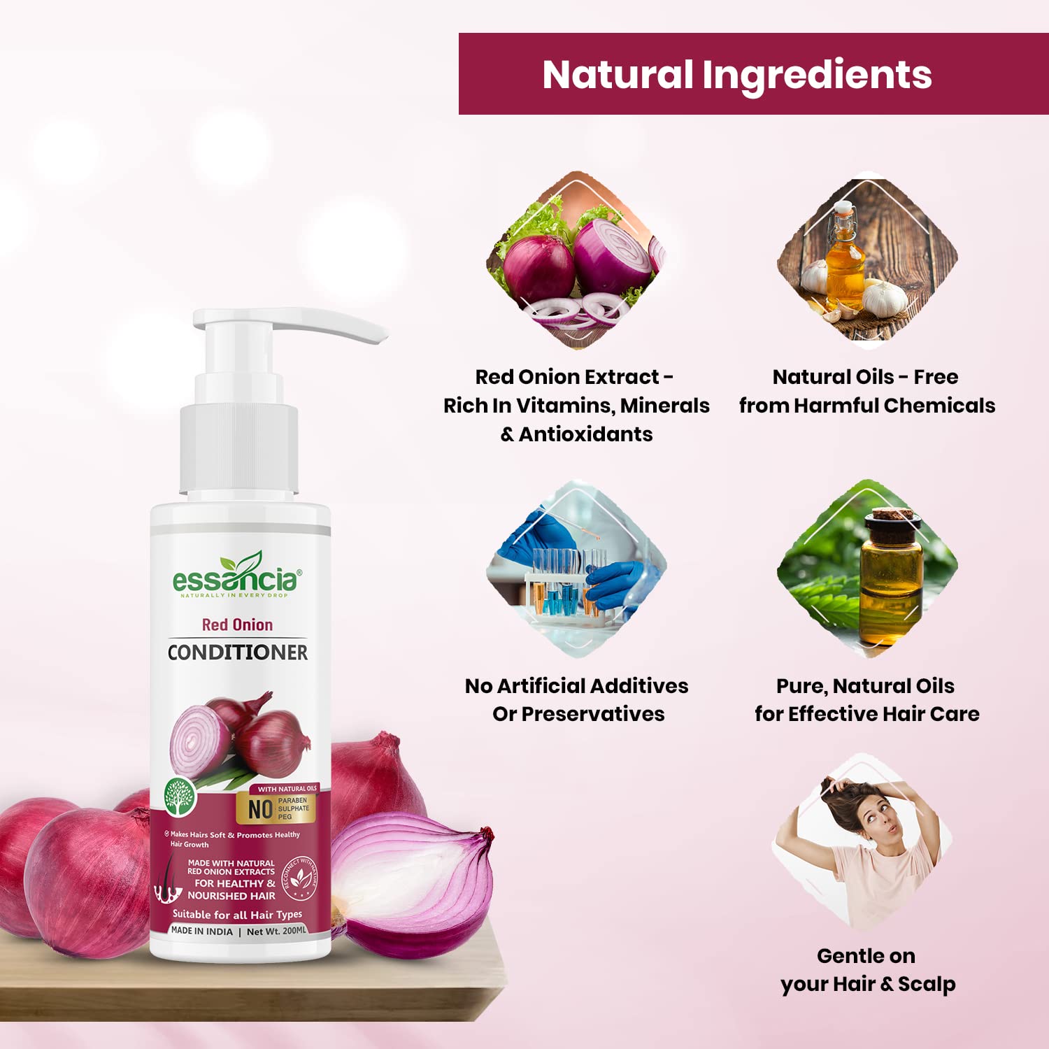 Essencia Red Onion Hair Conditioner - Sulfate Free & Paraben Free for Stronger, Silkier Hair Growth - 200ml for Men & Women - Perfect for Damaged Hair Repair & Daily Hair Care Routine