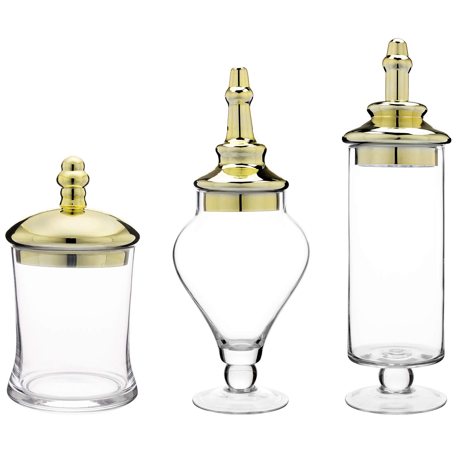 MyGift 3-Piece Antique Clear Glass Apothecary Jar Set with Brass-Tone Lids - Bathroom Storage, Wedding Centerpiece Decor, Kitchen Organization Jars for Cotton Balls, Candies & Spices