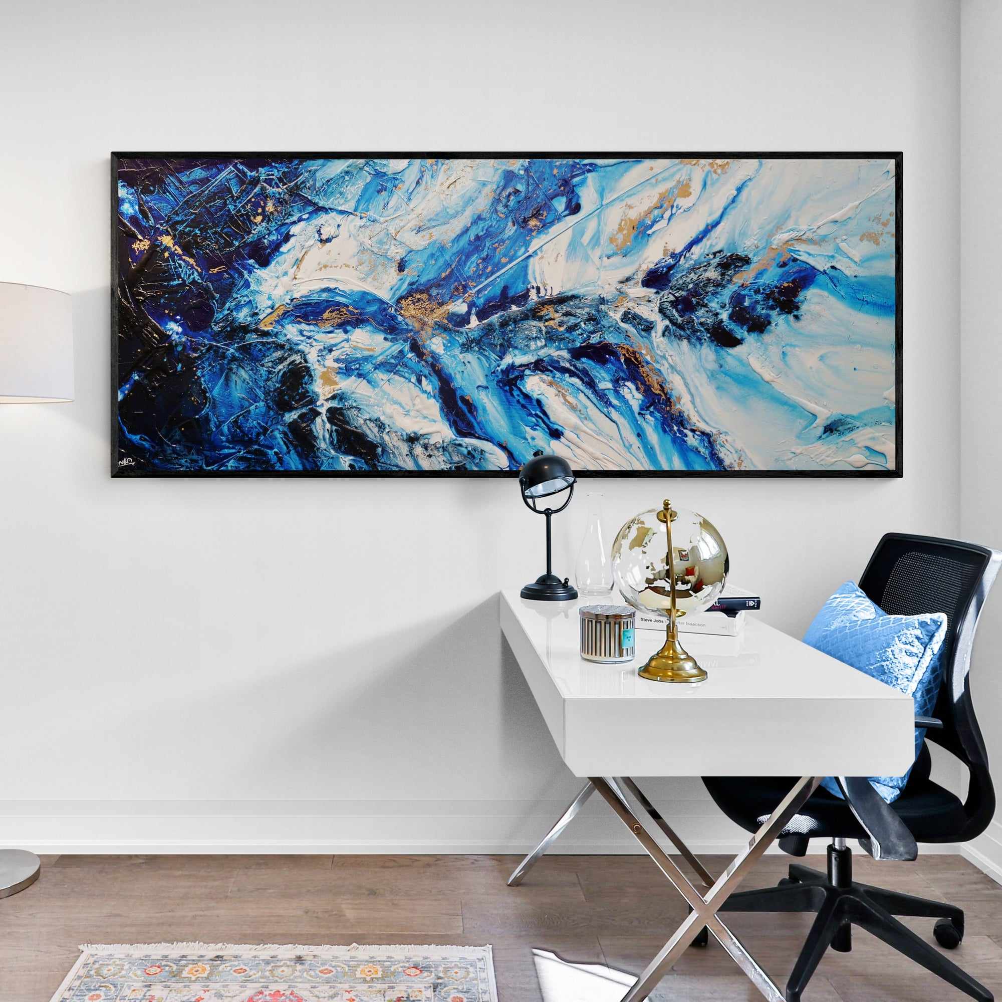 Admiralty Sapphire Blue White Gold Textured Abstract Painting - 200cm x 80cm Large Wall Art for Living Room, Bedroom & Office Decor | Modern Canvas Artwork for Home & Commercial Spaces