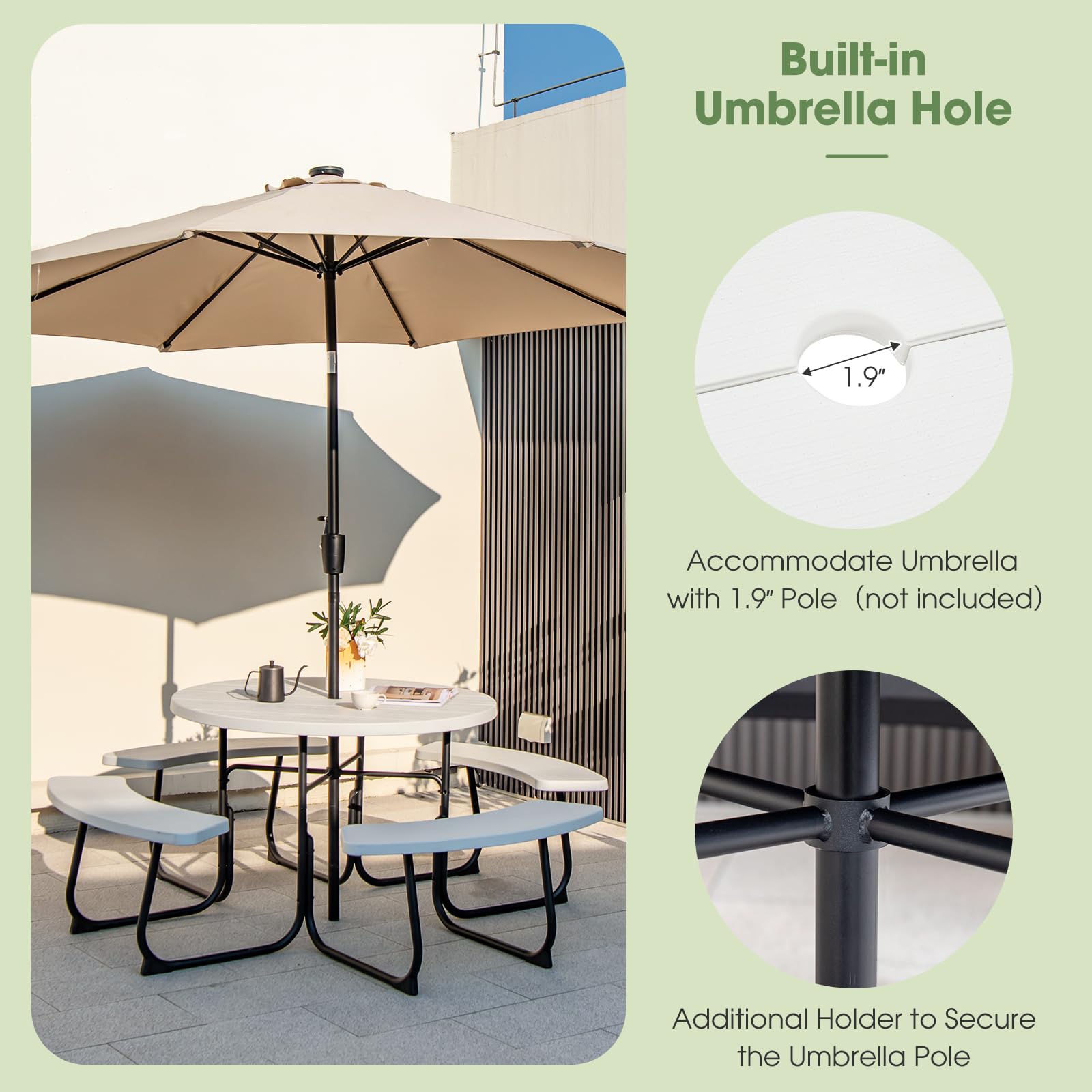 Giantex 8-Person Round Outdoor Picnic Table Set with Umbrella Hole - HDPE Top & Sturdy Metal Frame, 2000LBS Capacity - Perfect for Backyard, Deck, Garden, Patio, and Outdoor Dining (White)