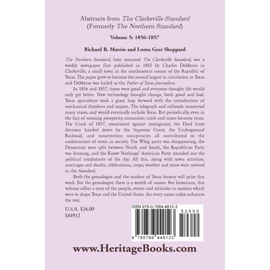 Historical Abstracts from the Clarksville Texas Standard (Formerly Northern Standard) Volume 5: 1855-1856 - Perfect for Genealogy Research & Texas History Studies