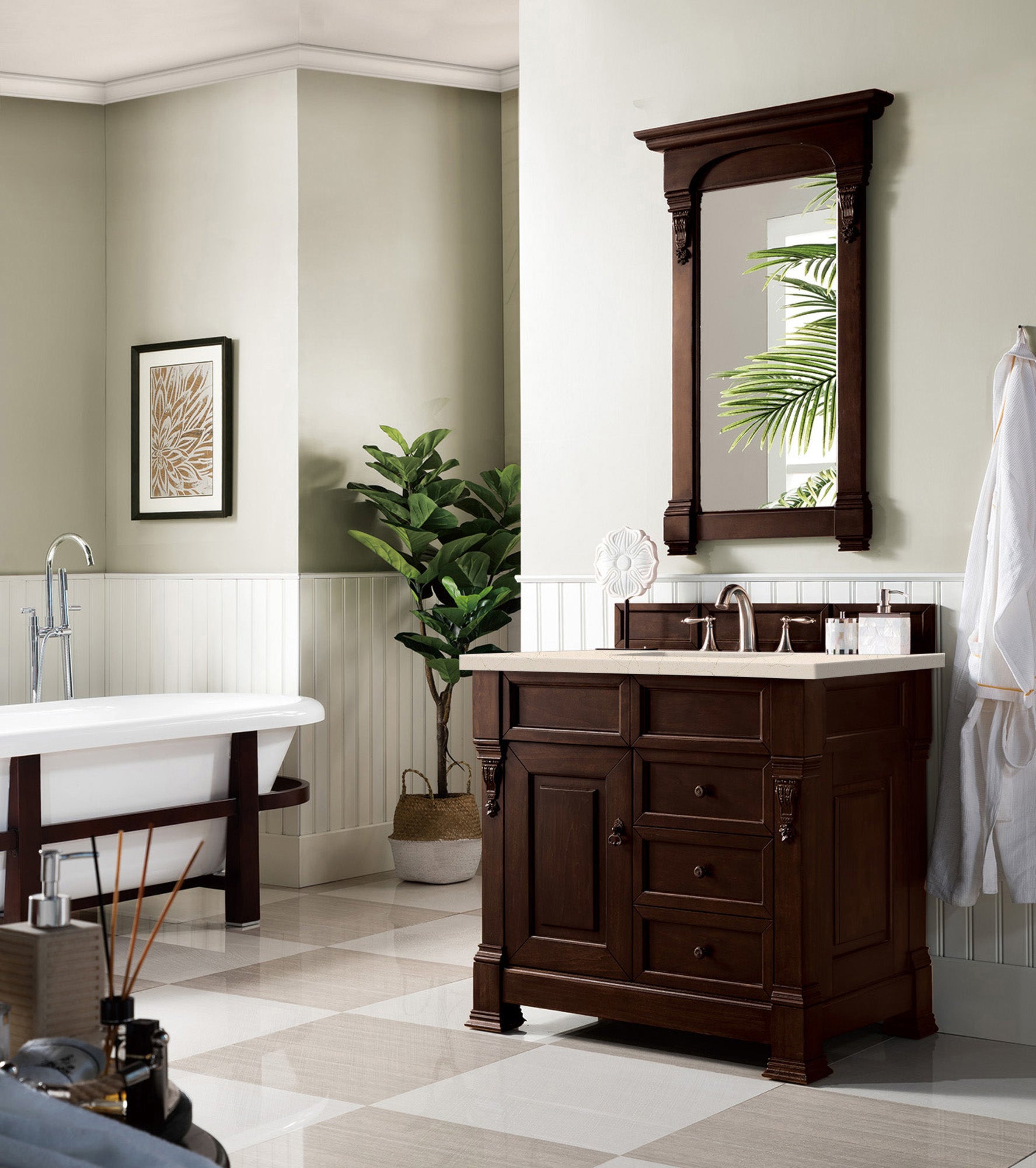 Brookfield 36 Inch Single Bathroom Vanity with Burnished Mahogany Base & 3CM Eternal Marfil Quartz Countertop - Perfect for Modern Master Bathrooms and Powder Rooms