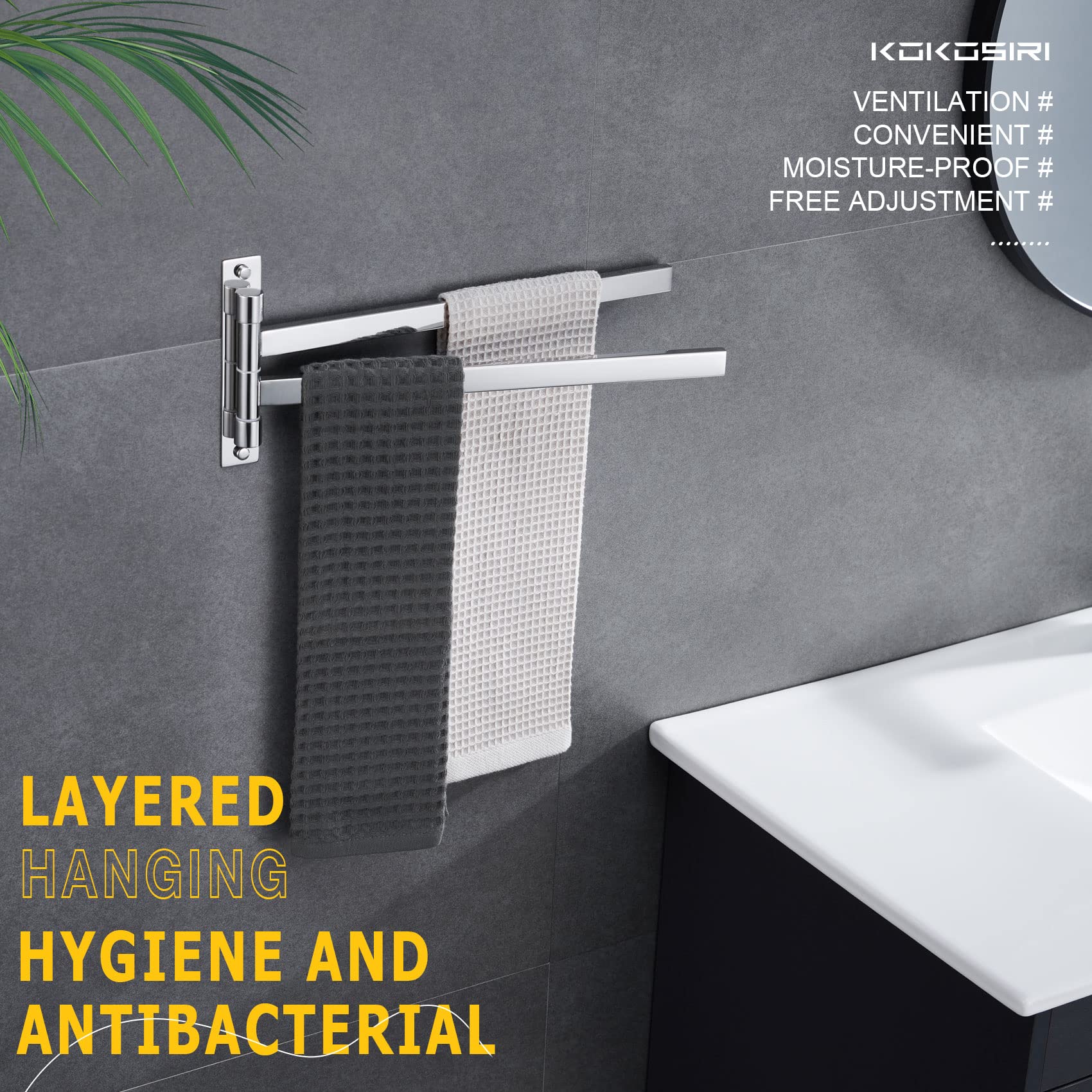 KOKOSIRI 2-Arm Swivel Towel Bar - Swing Out Hand Towel Holder for Bathroom, Kitchen & Toilet - Wall Mounted Chrome Stainless Steel (B5007CH-A2) - Perfect for Small Spaces & Convenient Access to Towels