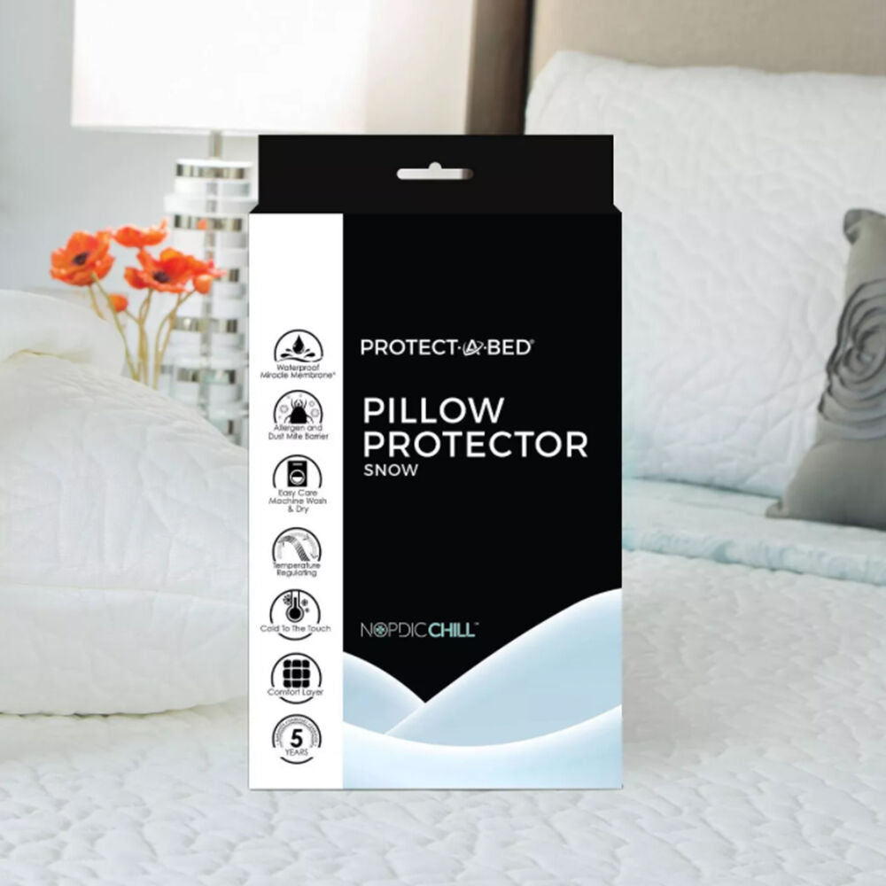 Protect A Bed Snow Pillow Protector - Waterproof, Hypoallergenic Pillow Cover for Dust Mites & Allergies - Ideal for Bedroom, Travel & Guest Use