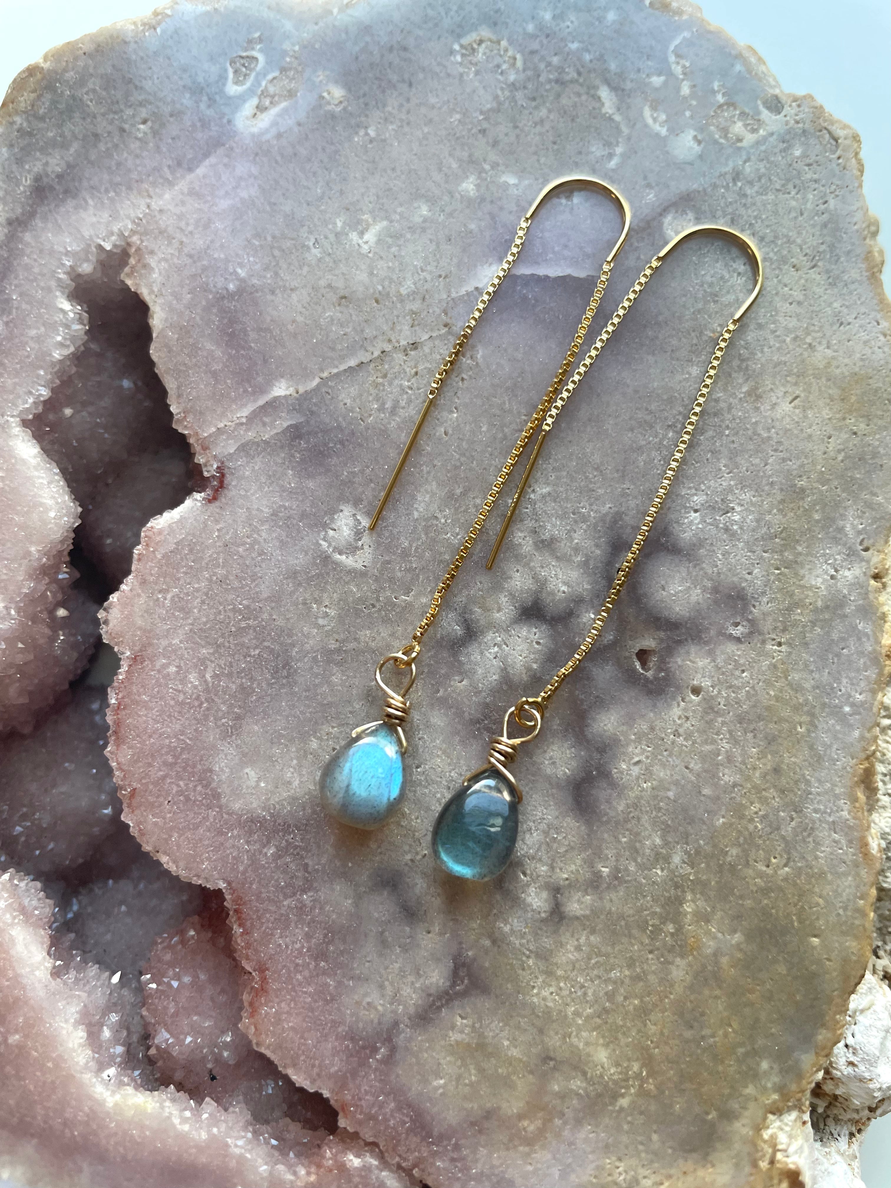 Tiny Labradorite Drop Threader Earrings - Dainty Gemstone Studs for Women | Perfect for Everyday Wear, Gifts & Boho Jewelry