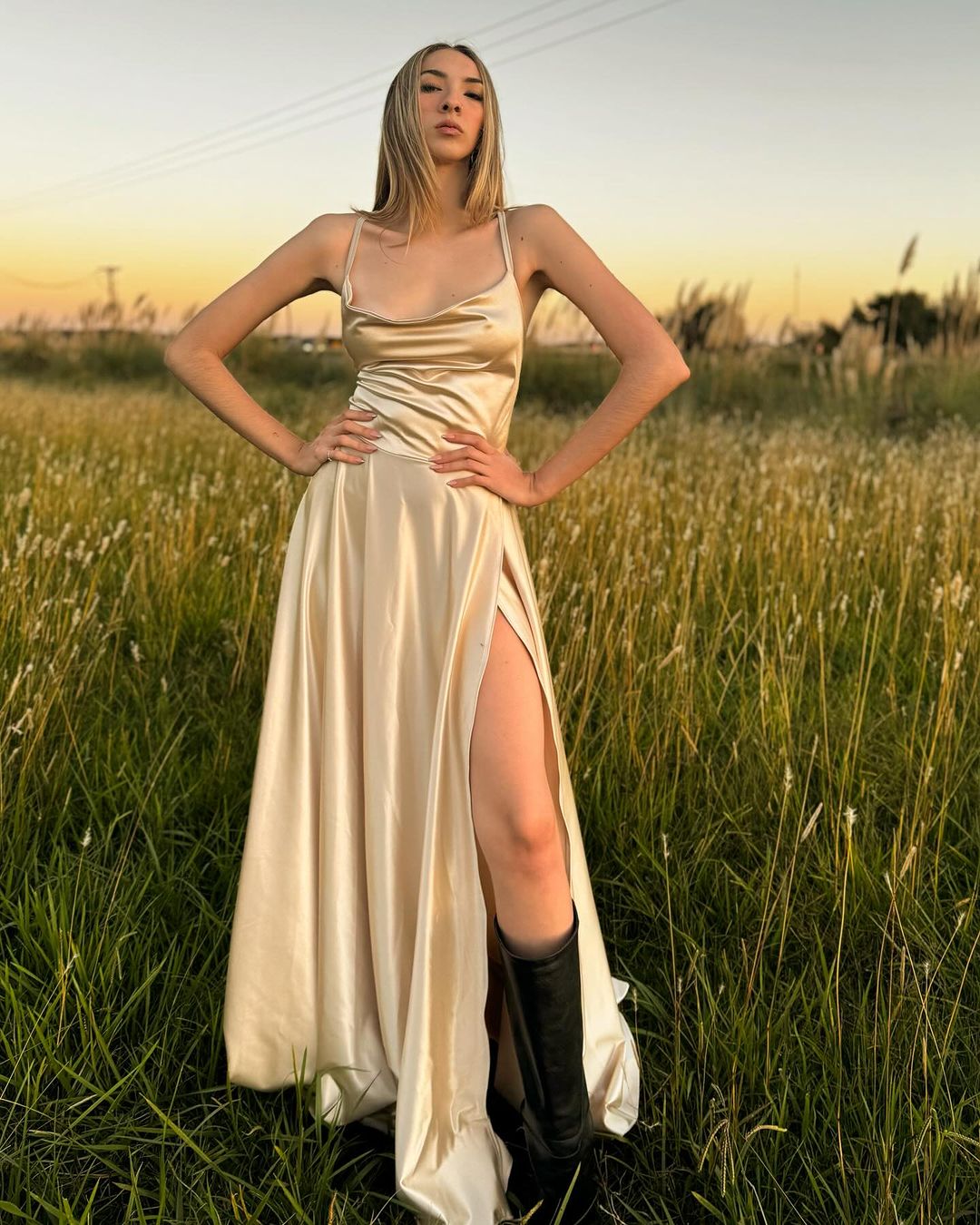 Elegant Champagne A-Line Satin Long Prom Dress with High Slit J3121 - Perfect for Homecoming, Formal Dances & Evening Galas