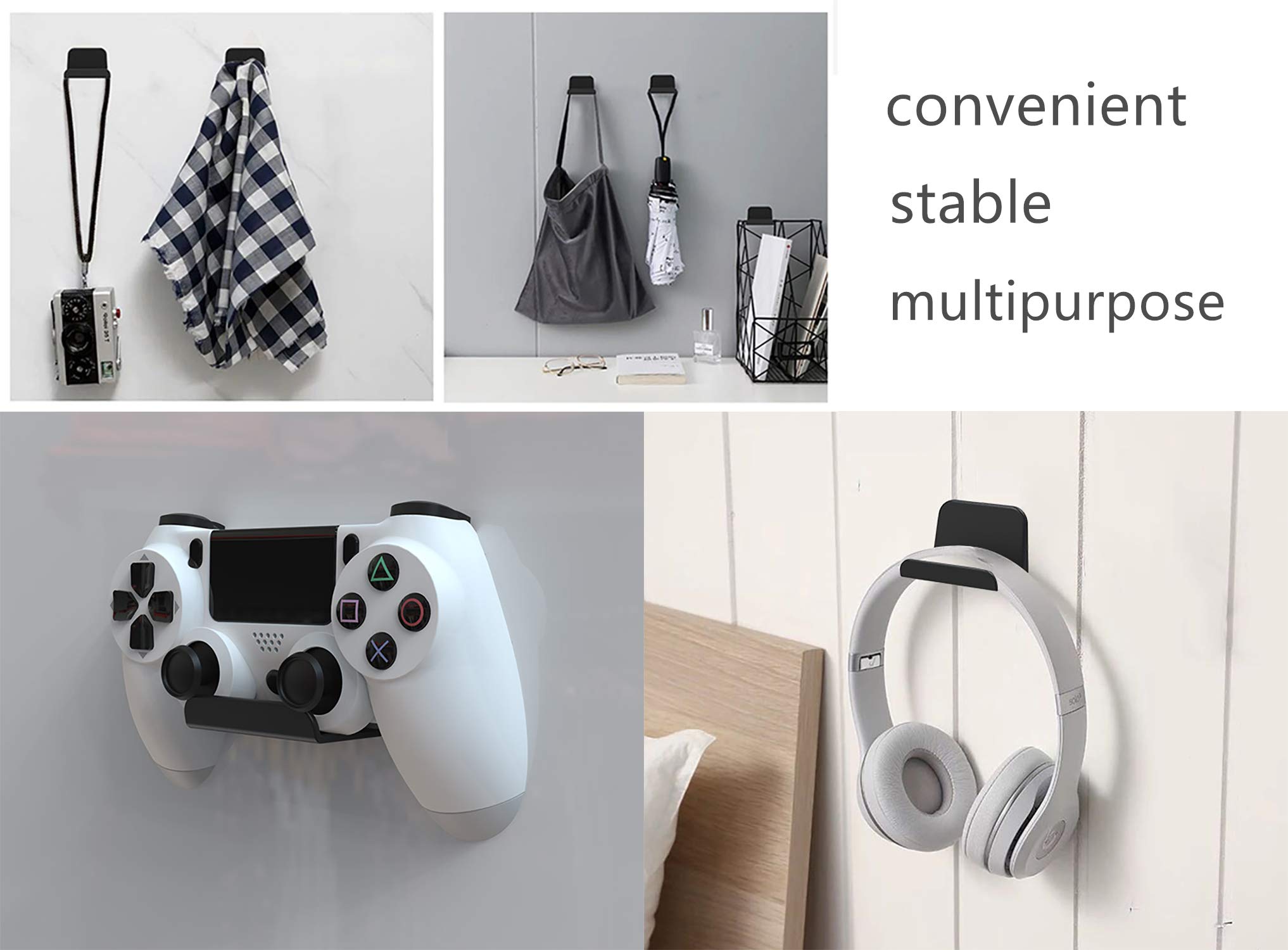 2-Pack Universal Headphone/Controller Wall Mount Holder with 3M Adhesive - No Screws Needed for PS5/PS4/Xbox Gamepads - Perfect for Gaming Room Organization & Space Saving (Black)