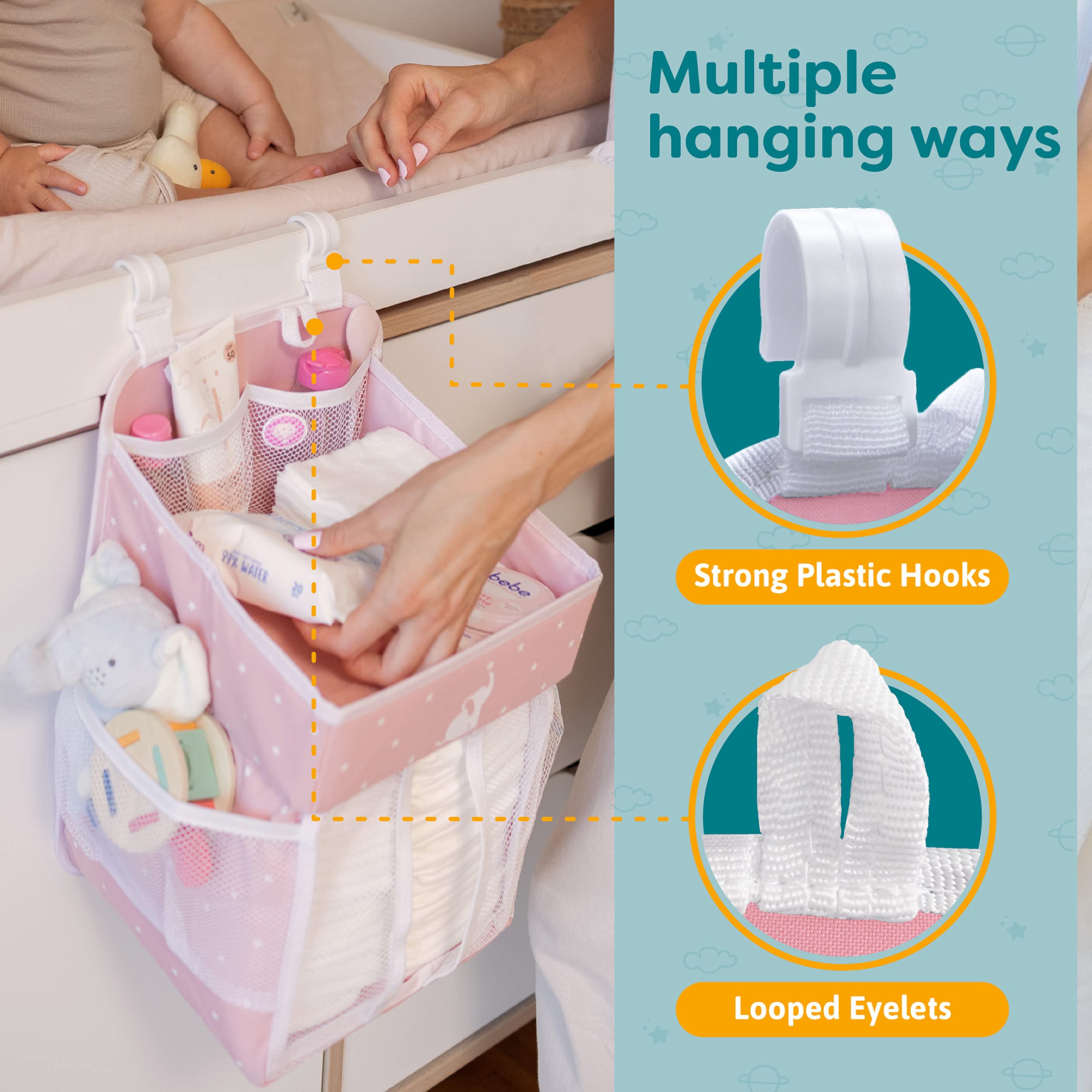Hanging Diaper Caddy Organizer - Baby Shower Gift for Changing Table - Holds 50+ Diapers & Baby Essentials - Nursery Storage for Newborns - Pink (17x9x9 Inches) - Perfect for Diaper Changing Station & Nursery Organization