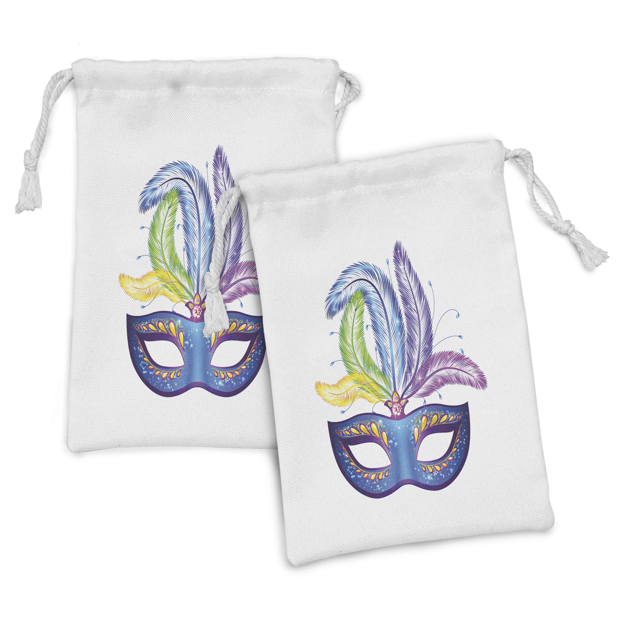 Ambesonne Mardi Gras Fabric Pouch Set of 2 - Blue Venetian Festival Feather Masquerade Drawstring Bags (9