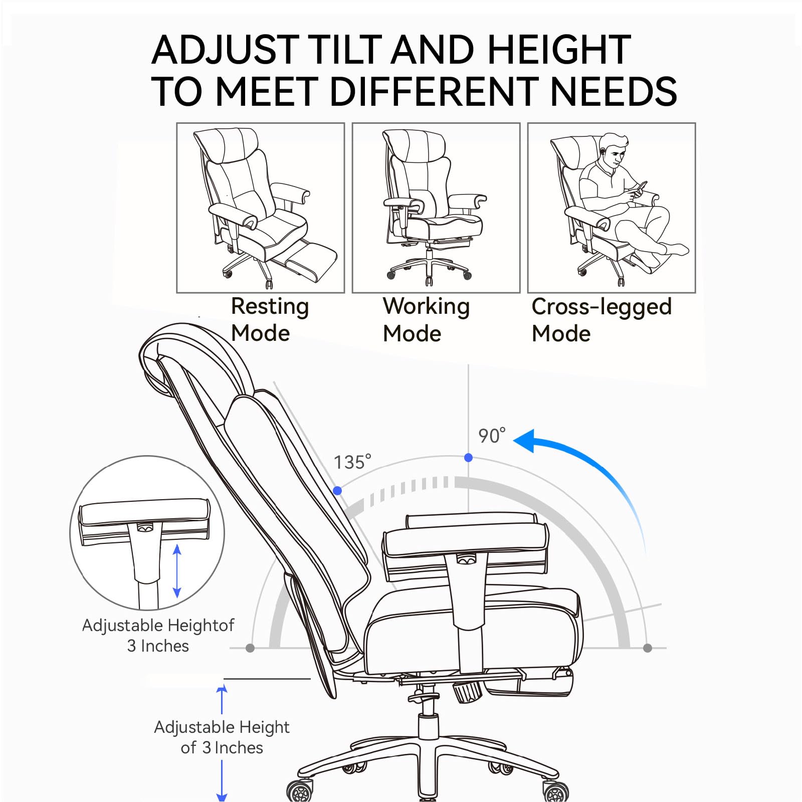 Efomao Big and Tall Office Chair 450lbs - Heavy Duty Ergonomic Executive Desk Chair with Adjustable Footrest & High Back Support - White PU Leather Computer Chair for Home Office, Gaming, and Workspaces