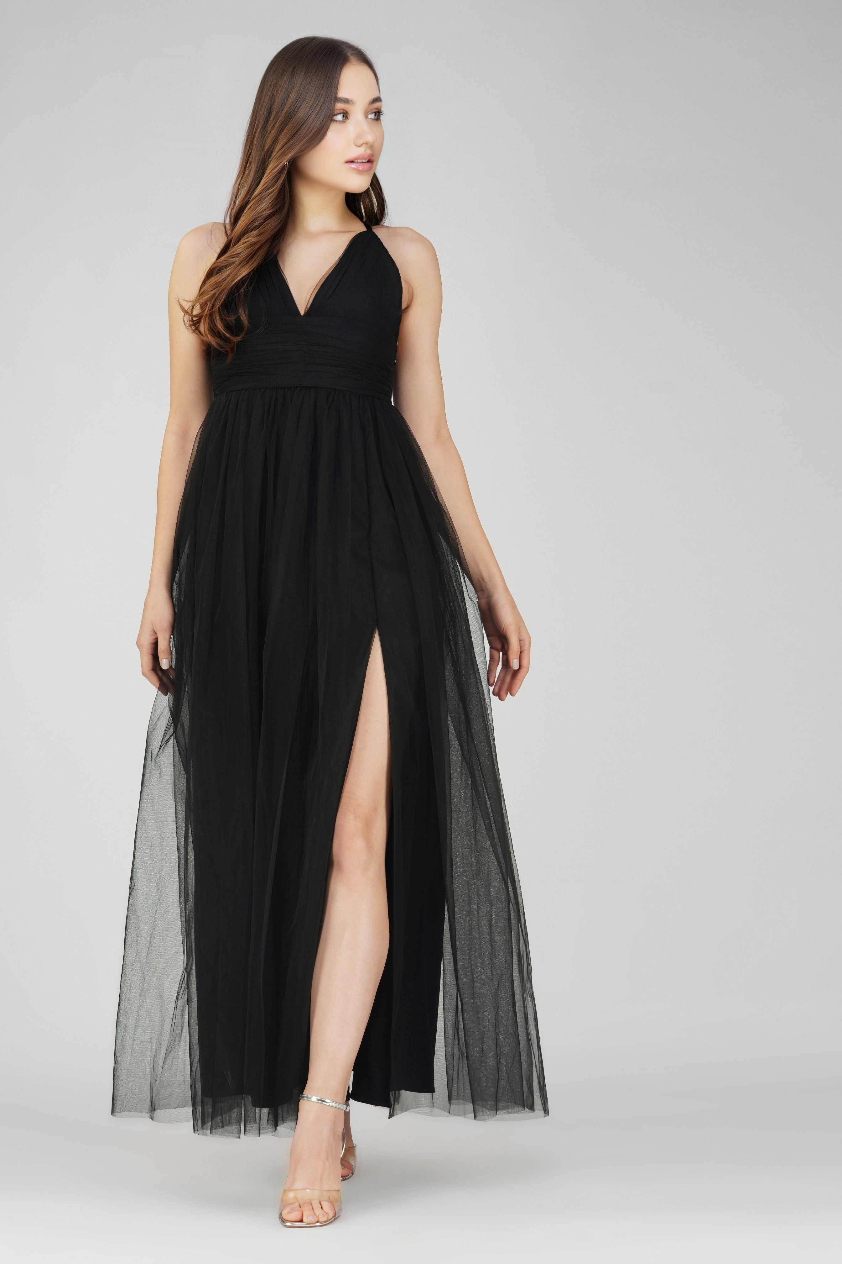 Elegant Black Opal Tulle Maxi Dress for Women - Perfect for Evening Parties, Weddings & Special Occasions