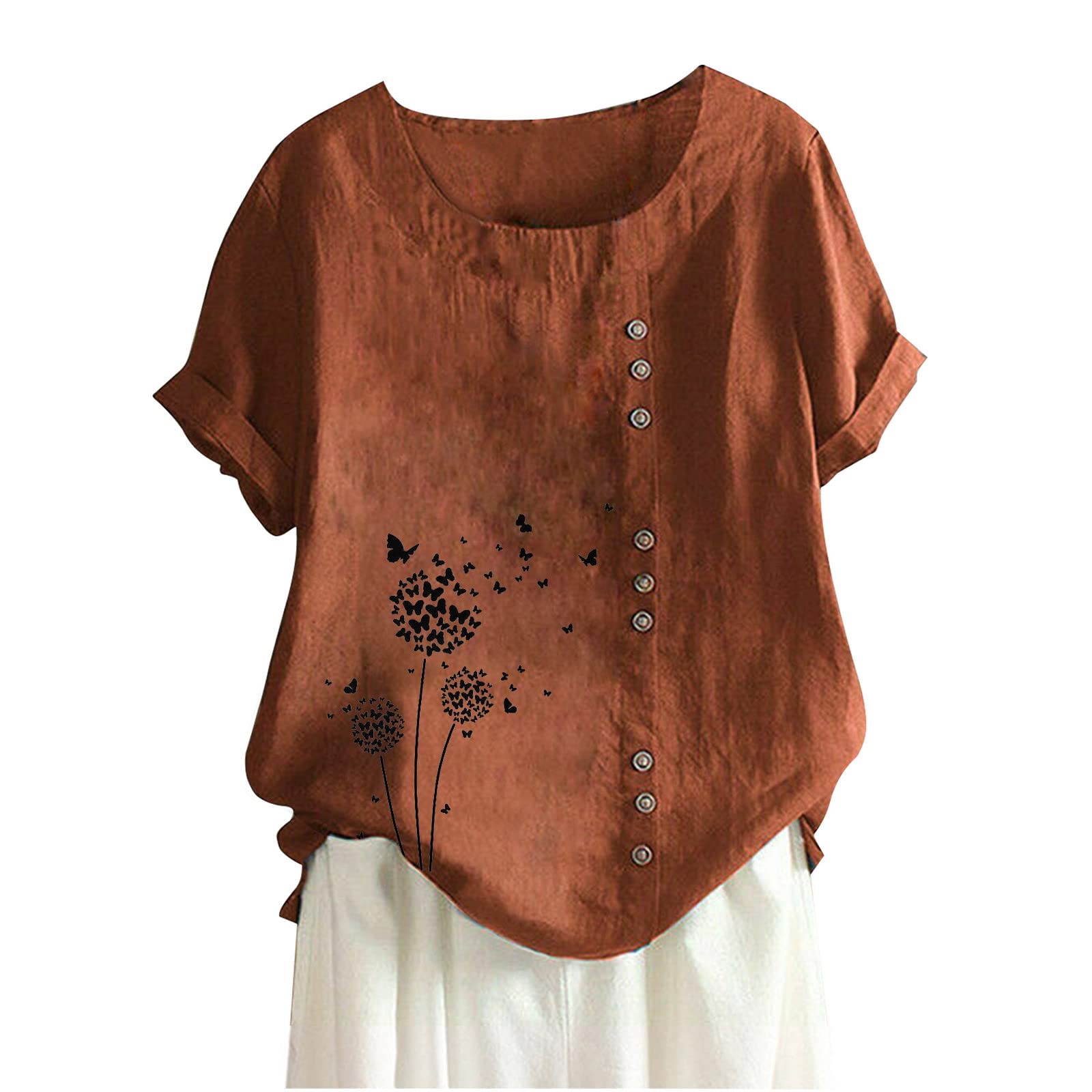 2024 Plus Size Women's Summer Tops - Cotton Linen Floral Blouse Casual Short Sleeve Crewneck T-Shirts | Perfect for Beach Outings, Vacation Wear & Everyday Comfort
