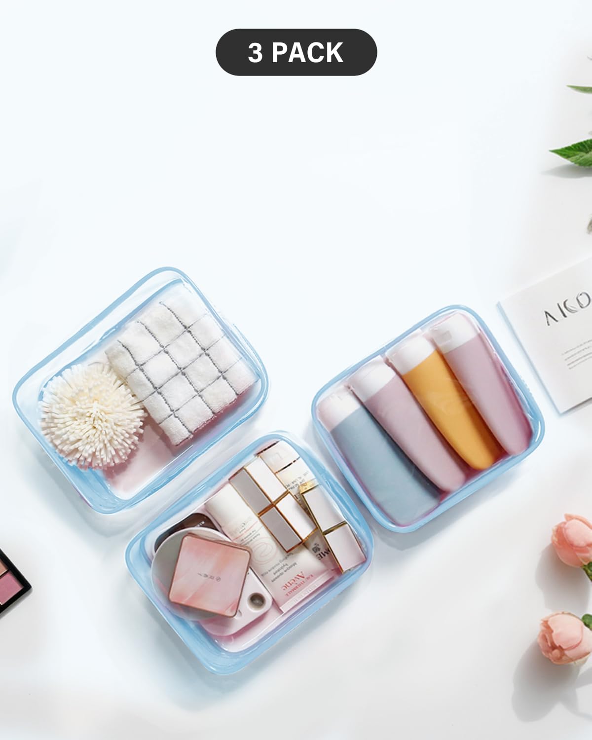 TSA Approved Clear Toiletry Bag - Waterproof Quart Size Travel Makeup Cosmetic Organizer for Women & Men | Perfect for Airplane Carry-On, Gym Essentials, and Vacation Packing (Macaron Pink, Purple, Blue)