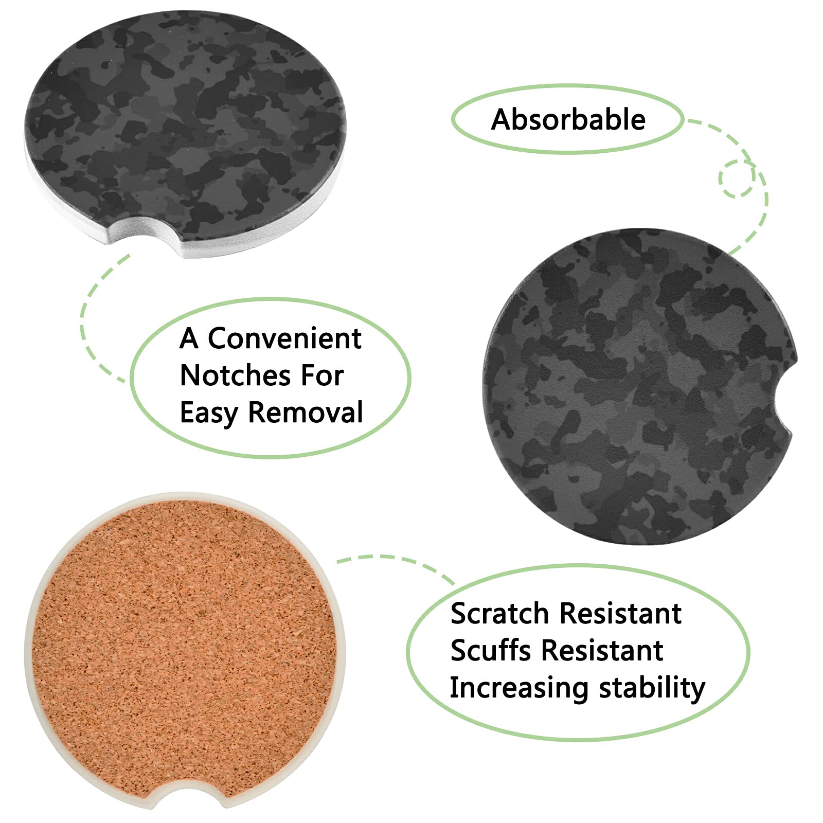 Xigua Black Camo Car Coasters 2 Pack - Absorbent Ceramic Stone Cup Holders with Fingertip Grip for Car, Office, and Home Use