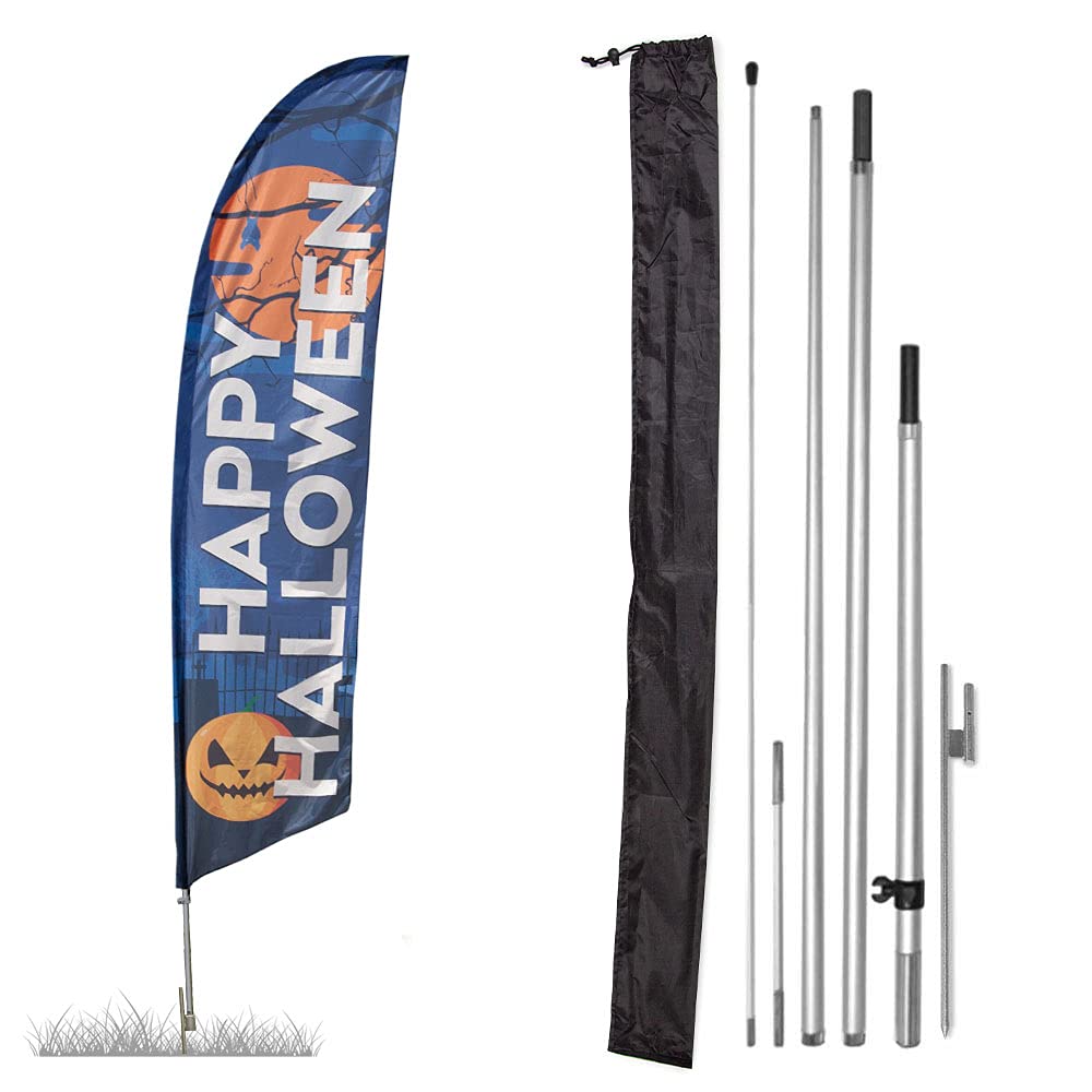 Vispronet Premium Happy Halloween Feather Flag Kit – 13ft Flagpole Set with Ground Stake & Pole Sleeve Bag | Pumpkin Halloween Decor for Business & Outdoor Yard | USA-Made Halloween Yard Flag for Porch, Storefront & Party Decorations