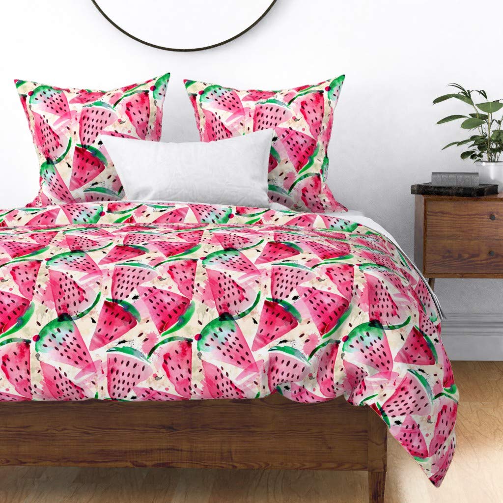 Custom Watermelon Watercolor Fruit Pink Summer Whimsical Print Cotton Sateen Duvet Cover - Full/Queen Size Bedding for Girls' Room, Guest Bedroom & Summer Home Decor | Spoonflower