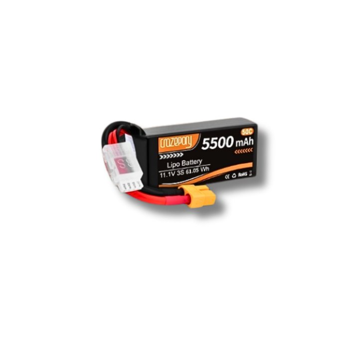 Crazepony 3S 11.1V 5500mAh 50C LiPo Battery with XT60 Plug for RC Cars - High Performance Rechargeable Battery for RC Vehicles, Drones, and Hobby Models - Perfect for Racing, Off-Roading, and Long-Duration Flights