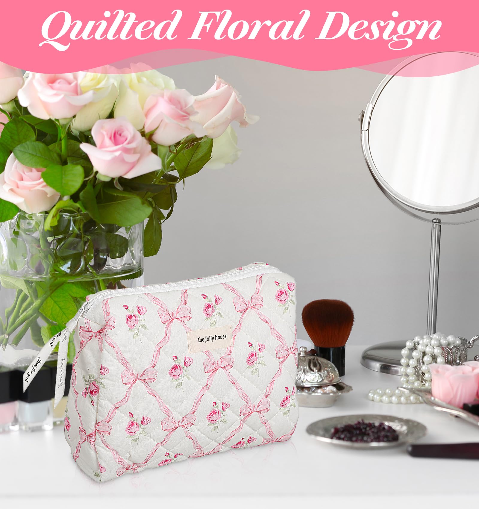 Floral Makeup Bag for Women - Large Quilted Cosmetic Pouch with Pink Bow Design, Travel Toiletry Organizer for Girls | Perfect for Travel, Gym & Everyday Essentials Storage