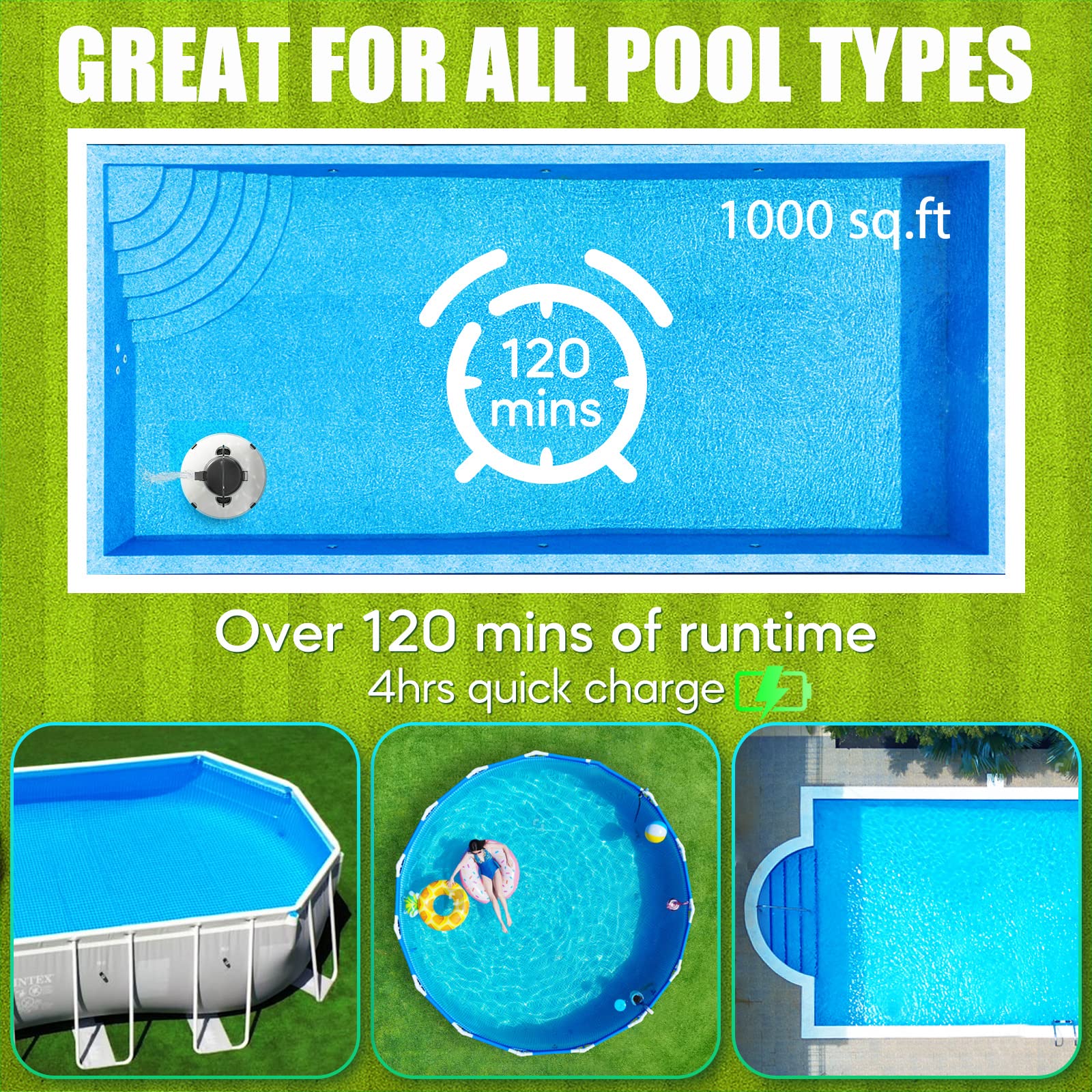 **Automatic Robotic Pool Cleaner - Cordless, Self-Parking Vacuum for Above & In-Ground Pools Up to 1000 Sq.Ft (120 Min Runtime) - Ideal for Flat Surfaces, Easy Maintenance & Sparkling Clean Water**