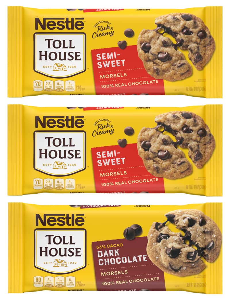 Nestlé Toll House Chocolate Chips Variety Pack - 2 x 12 oz Semi-Sweet & 1 x 10 oz Dark Chocolate Chips for Baking Cookies, Cakes & Desserts | Bulk Baking Supplies for Home Bakers & Professional Chefs