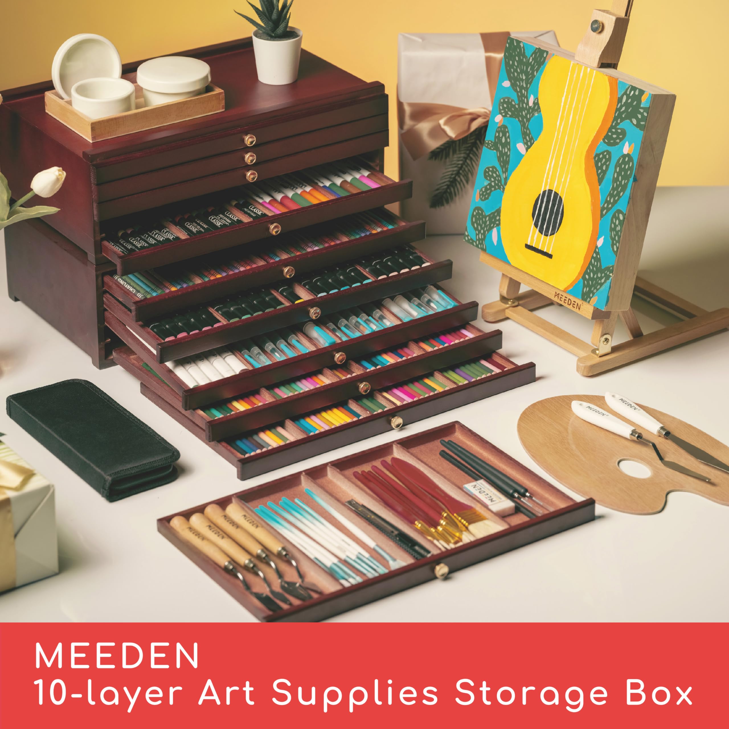 MEEDEN 10-Drawer Wooden Art Supply Organizer - Portable Beechwood Storage Box for Pencils, Brushes, Pastels & Makeup | Artist & Craft Storage Solution with Multiple Compartments (Mahogany) - Perfect for Studio, Classroom & Travel Art Kits