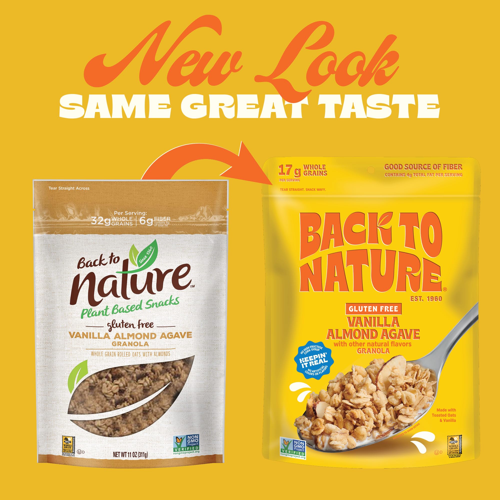 Back to Nature Granola Cereal - Gluten Free, Non-GMO, Vegan Snacks with Whole Grain Rolled Oats - Vanilla Almond Agave Flavor, 11oz (6 Pack) | Healthy Breakfast & On-the-Go Snack for Adults & Kids