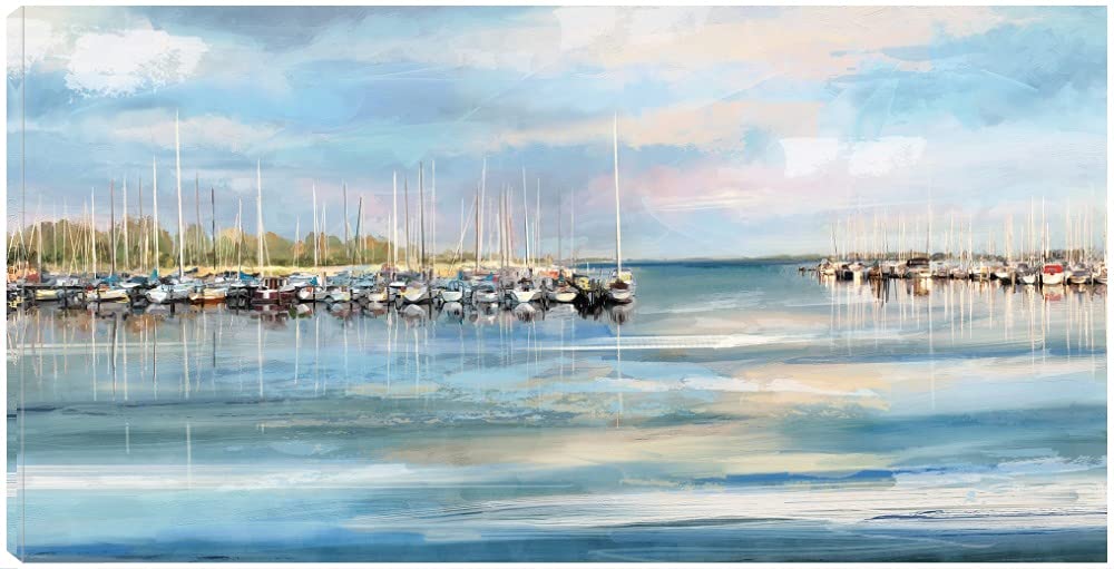 Blue Harbor Fine Art Canvas Wall Decor - Hand Painted Ocean Seascape Painting for Living Room, Bedroom, Office - Ready to Hang 40x21 Inches - Perfect for Coastal & Nautical Home Decor