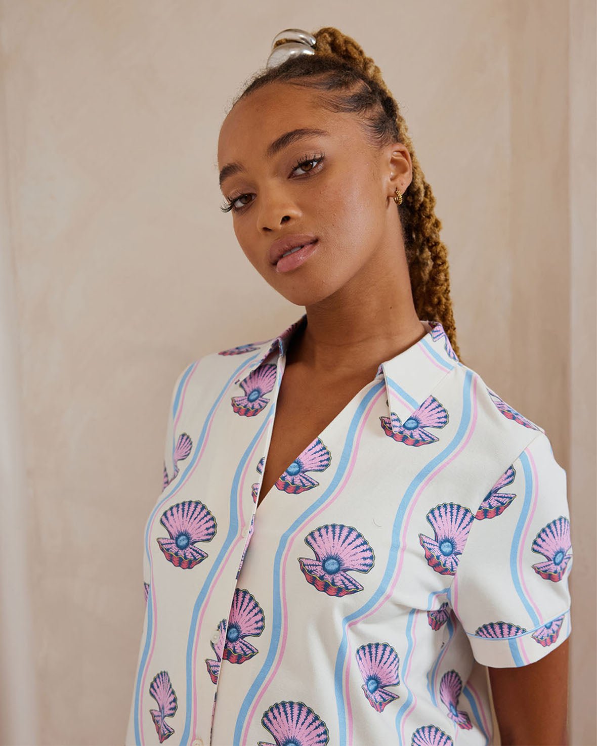 Organic Cotton Pearl Shell Print Short Pajama Set for Women - Soft & Breathable Sleepwear for Summer Nights, Lounge Wear, and Relaxing at Home