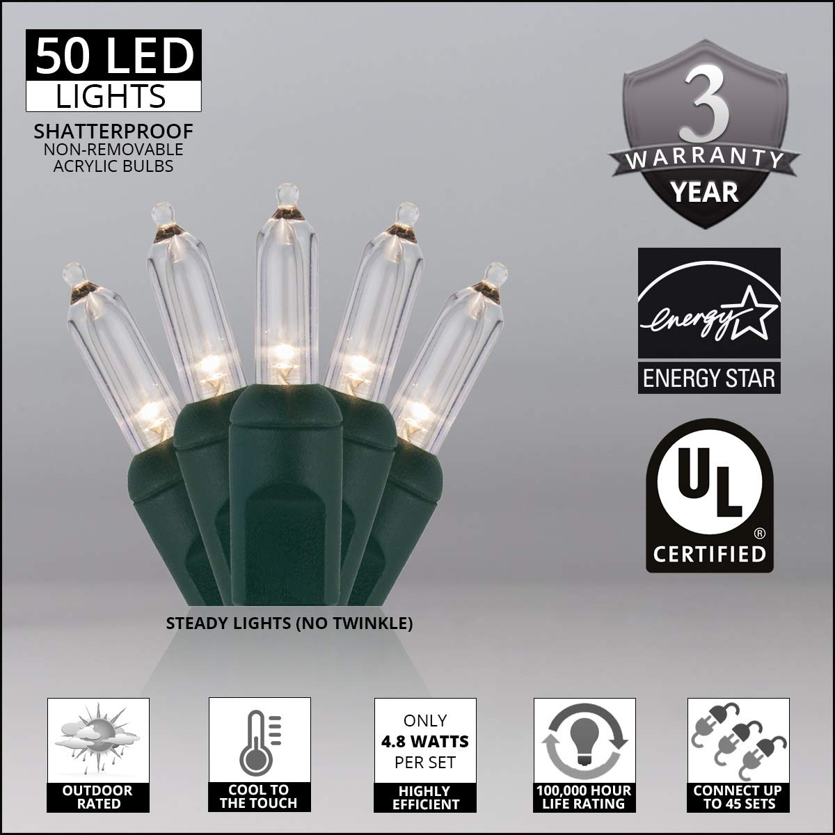 50 T5 LED Christmas Tree Lights Warm White - 25.5ft Wintergreen Holiday String Lights for Indoor Decor, Bedroom, Dorm Room & Christmas Tree | Energy Efficient Mini LED Lights for Cozy Winter Decorations