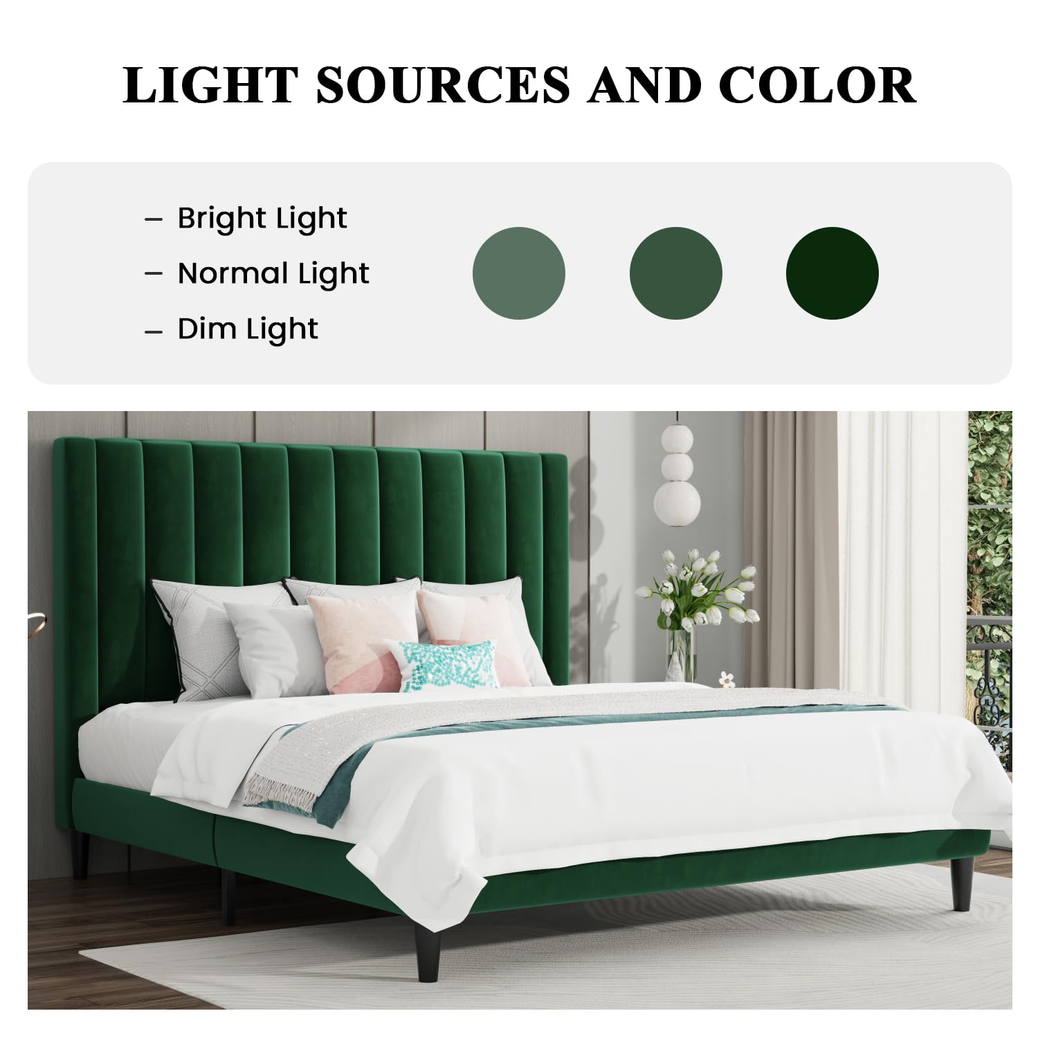 Luxury SHA CERLIN King Size Bed Frame - Velvet Upholstered Platform Bed with Headboard, Sturdy Wood Slat Support, No Box Spring Required (Emerald Green) | Perfect for Master Bedrooms, Guest Rooms & Modern Apartments