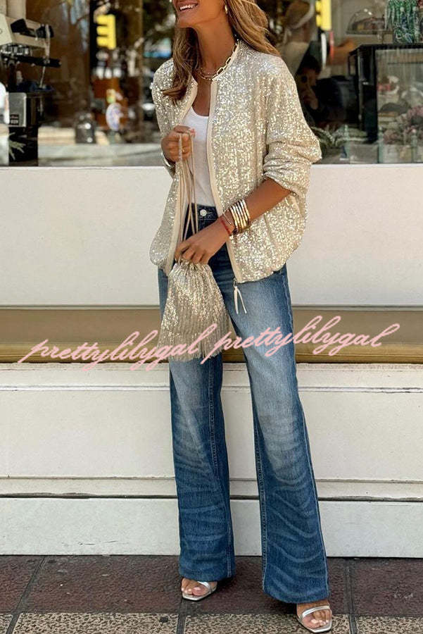 Star Kisses Sequin Zipped Long Sleeve Party Coat for Women - Glamorous Shiny Jacket for Evening Events, Club Outings & Special Occasions